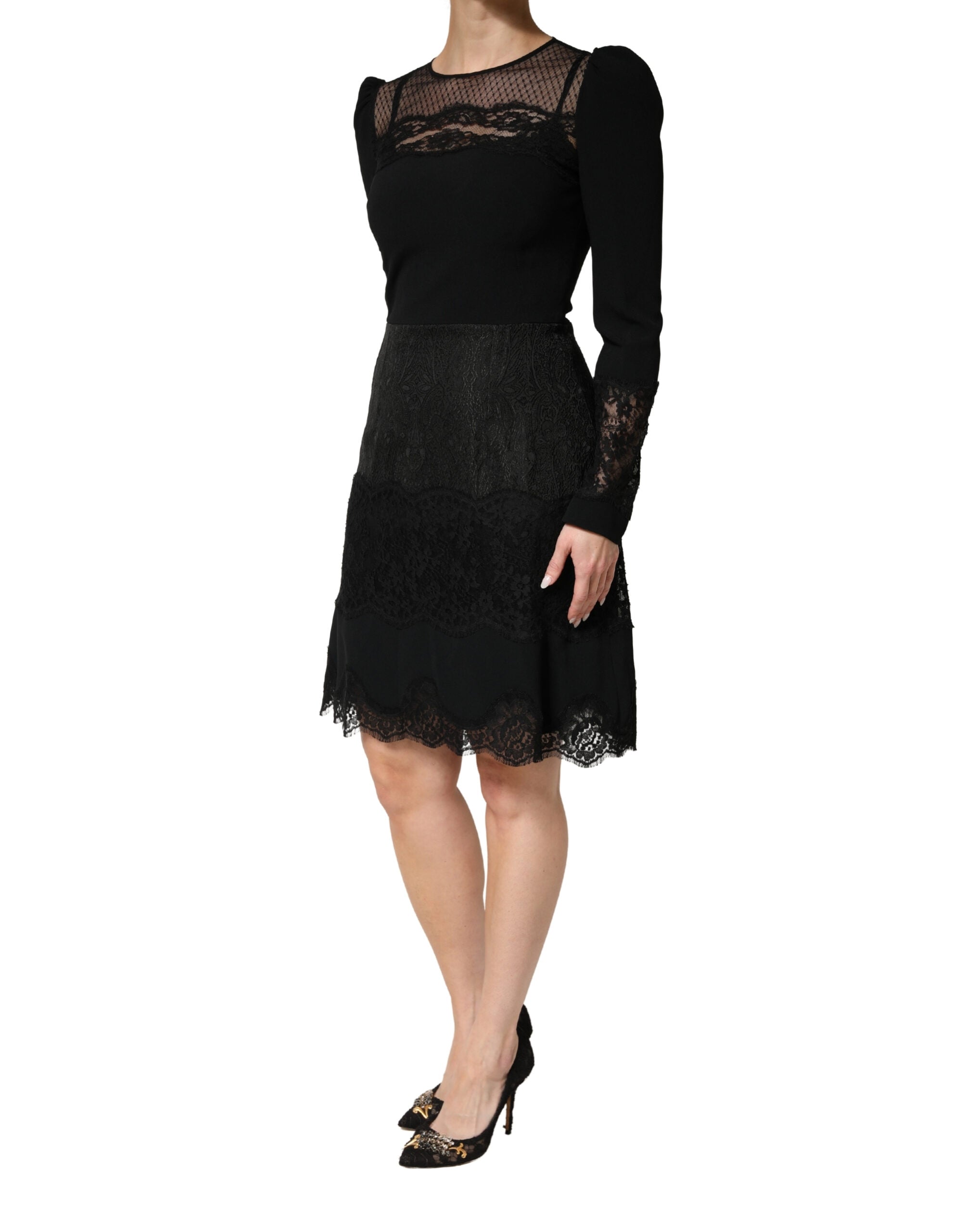 Black Lace Sheer Panel Midi Long Sleeve Dress - ventzia