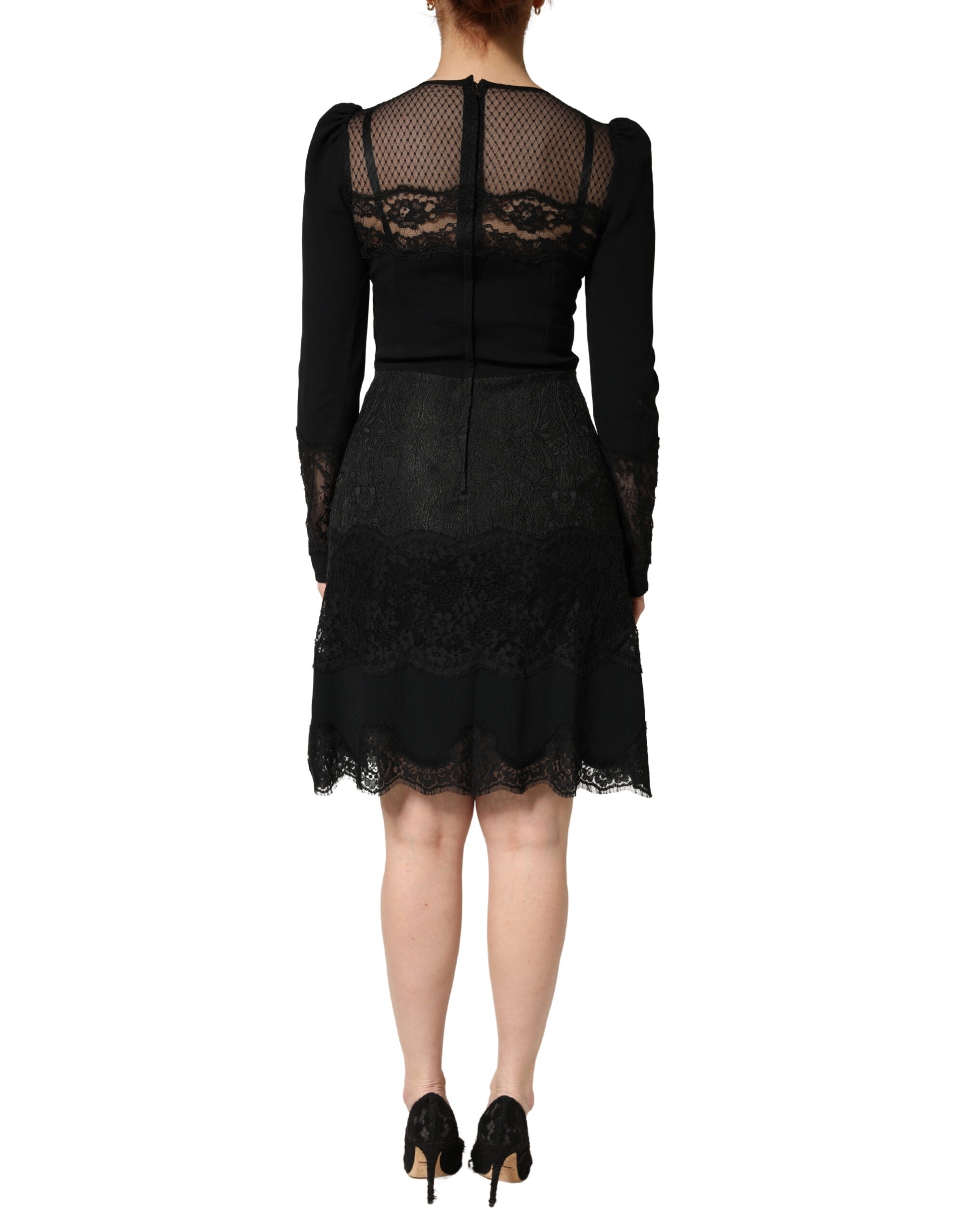 Black Lace Sheer Panel Midi Long Sleeve Dress - ventzia
