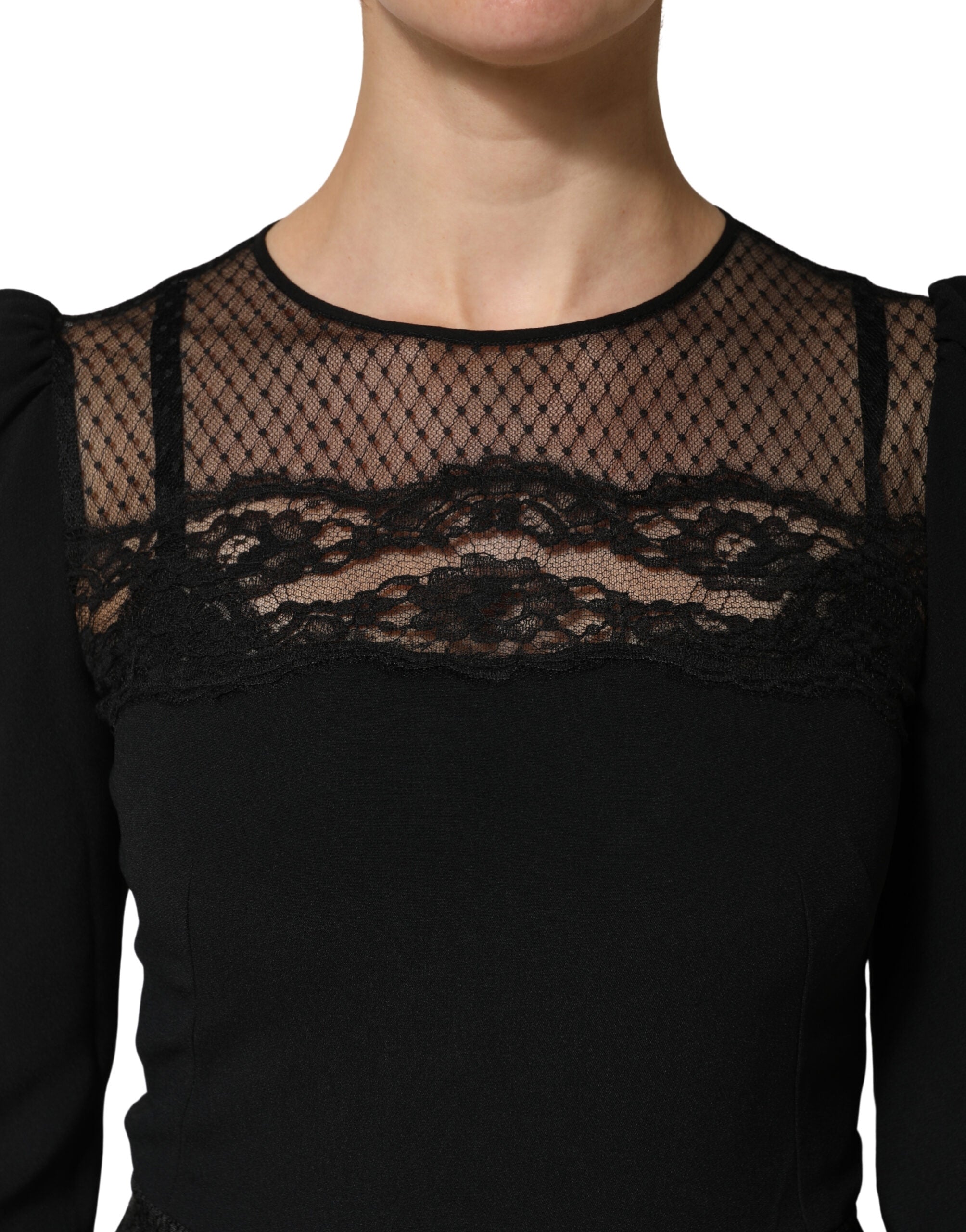 Black Lace Sheer Panel Midi Long Sleeve Dress - ventzia