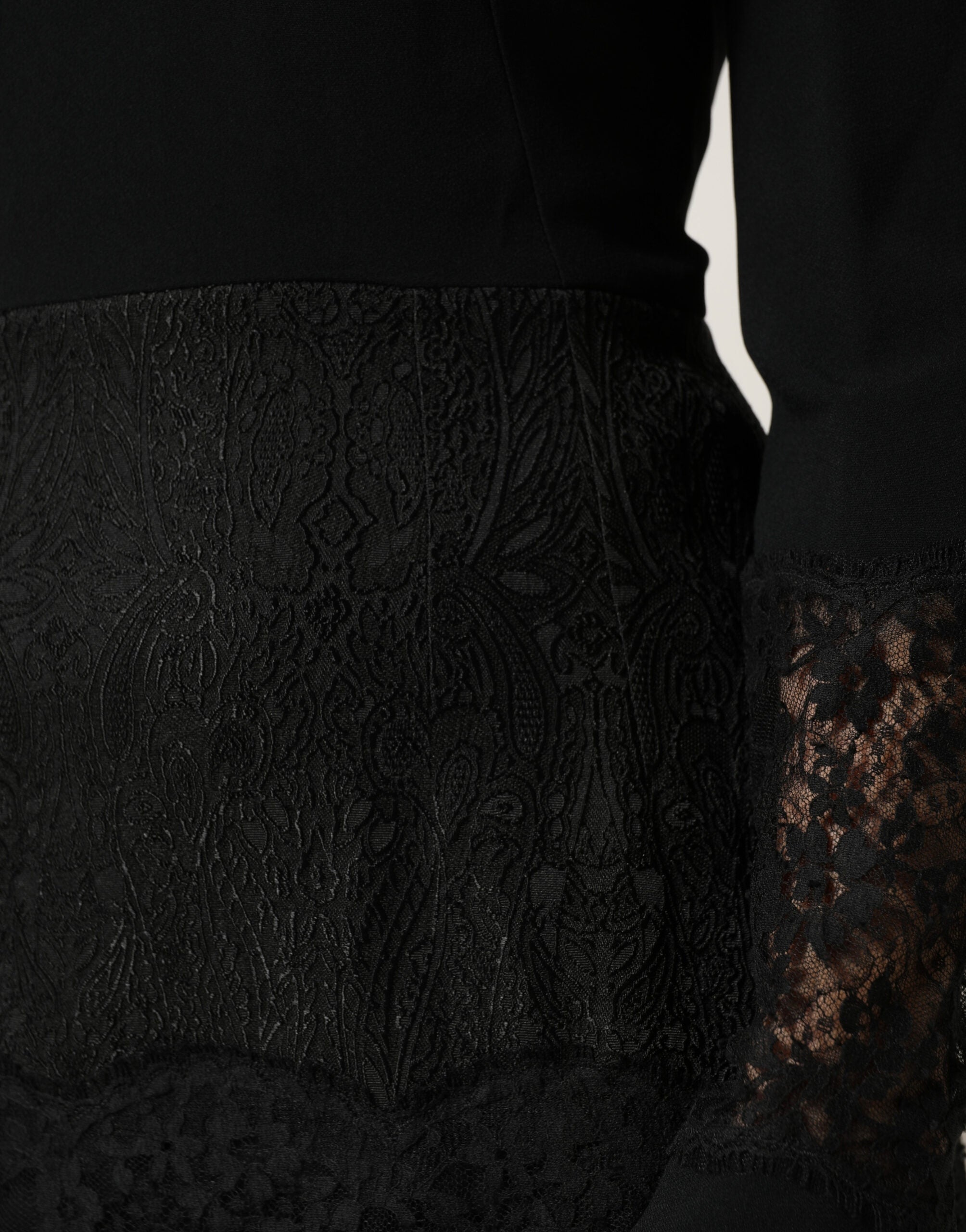 Black Lace Sheer Panel Midi Long Sleeve Dress - ventzia