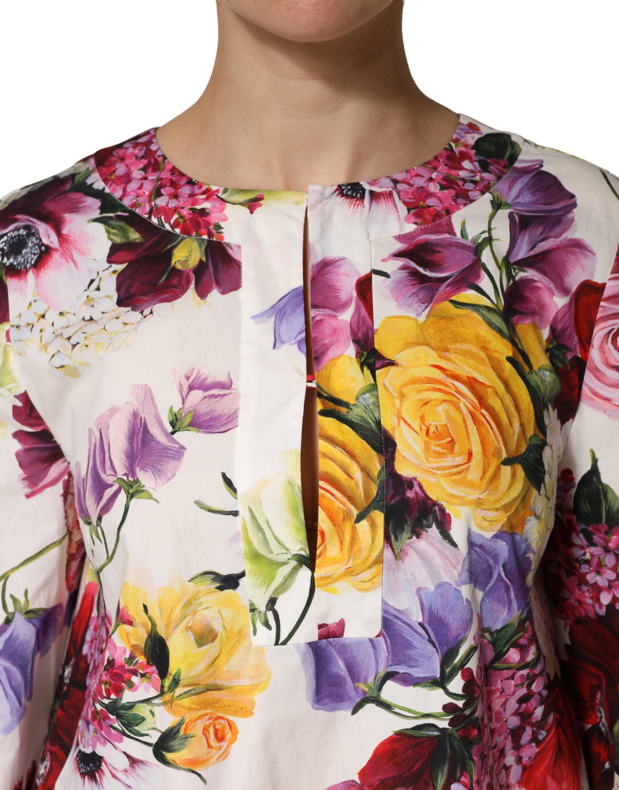 Multicolor Floral Cotton Longsleeves Midi Dress - ventzia