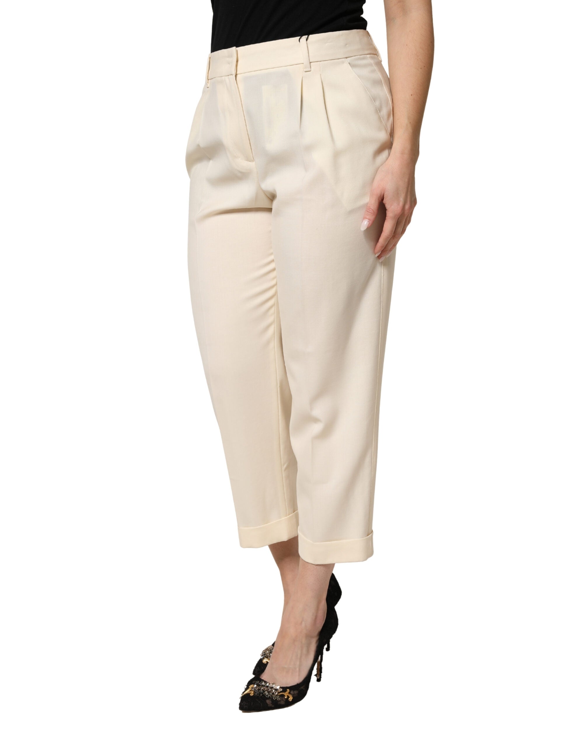 Ivory Wool Mid Waist Cropped Trouser Pants - ventzia