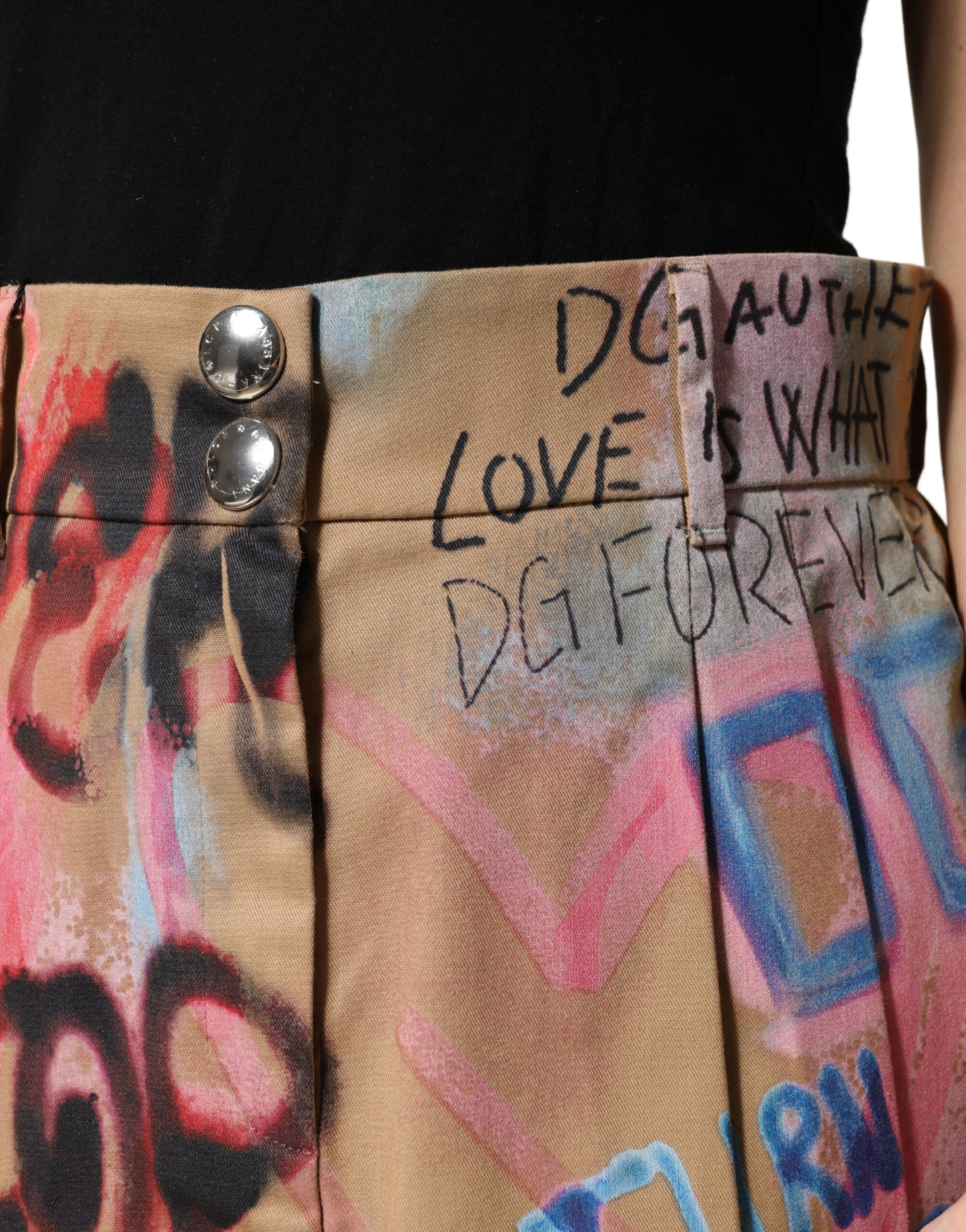 Beige Graffiti Print Cotton Blend Mini Skirt - ventzia