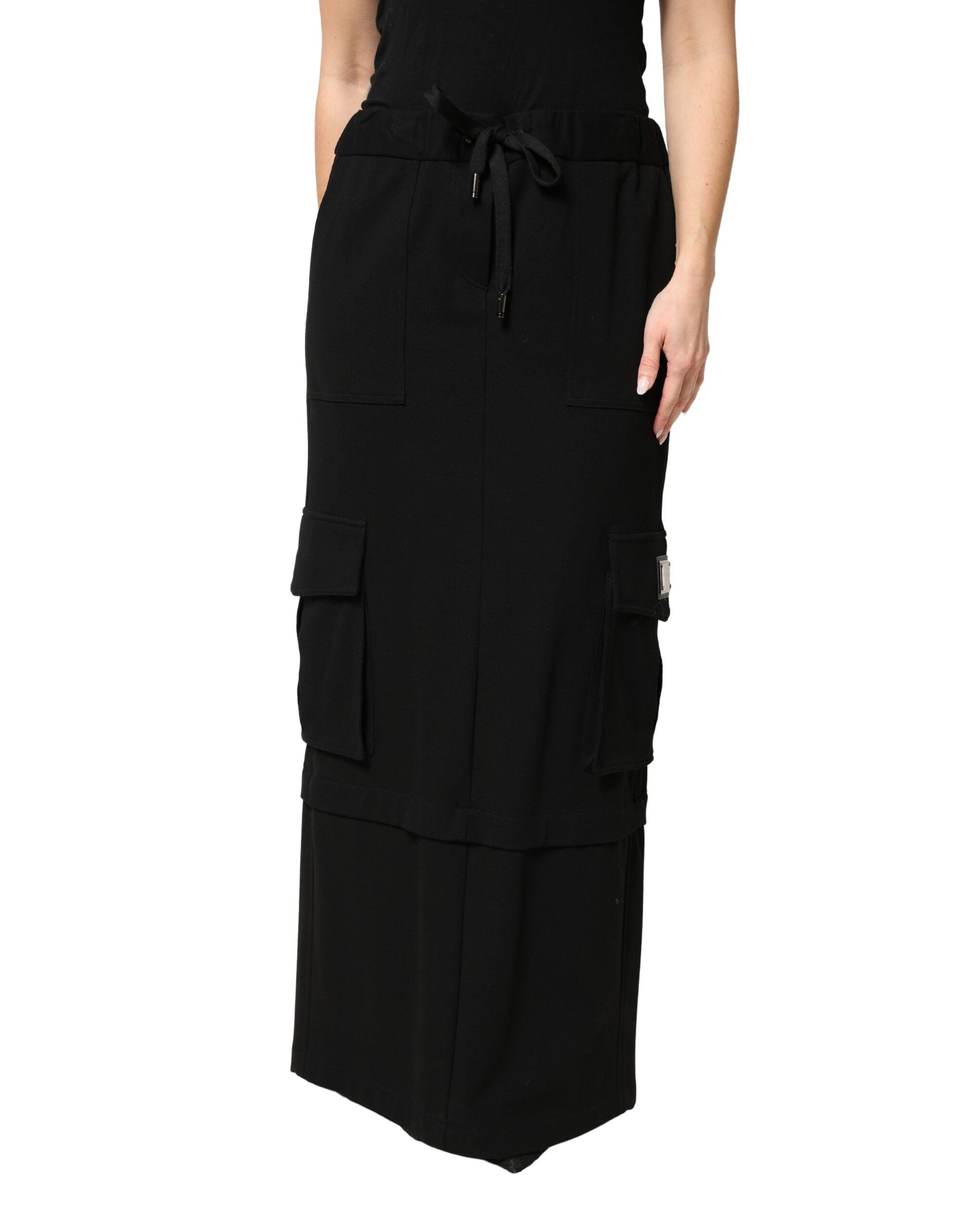 Black Cotton Drawstring Long Maxi Cargo Skirt - ventzia