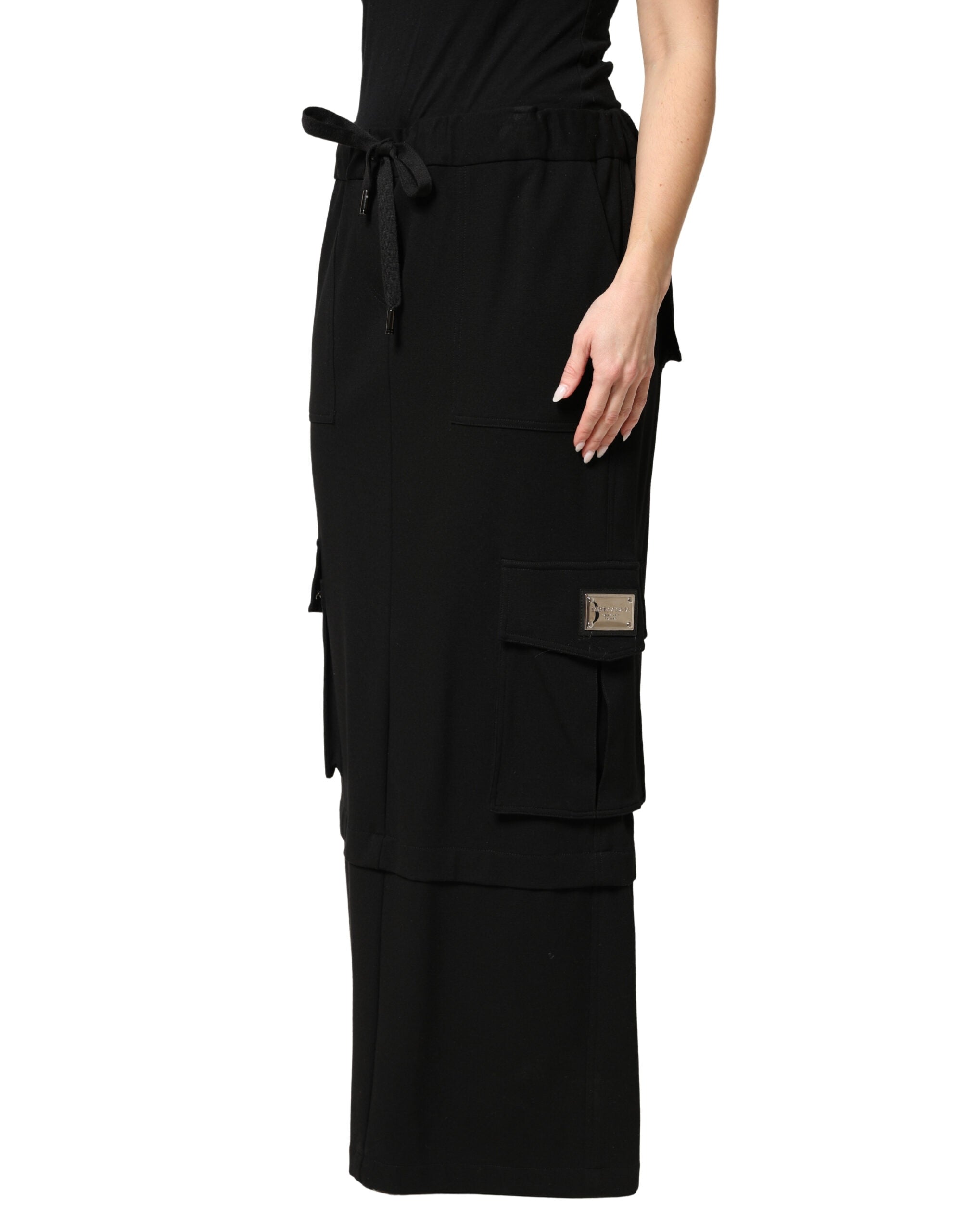 Black Cotton Drawstring Long Maxi Cargo Skirt - ventzia