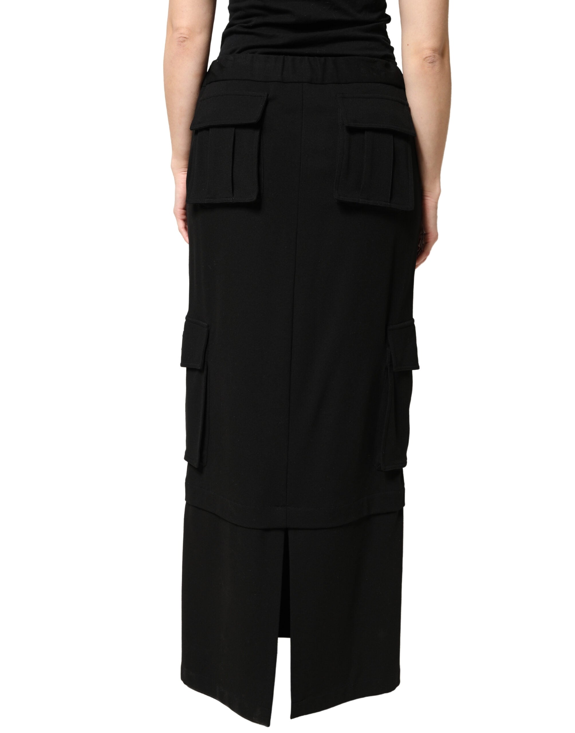 Black Cotton Drawstring Long Maxi Cargo Skirt - ventzia
