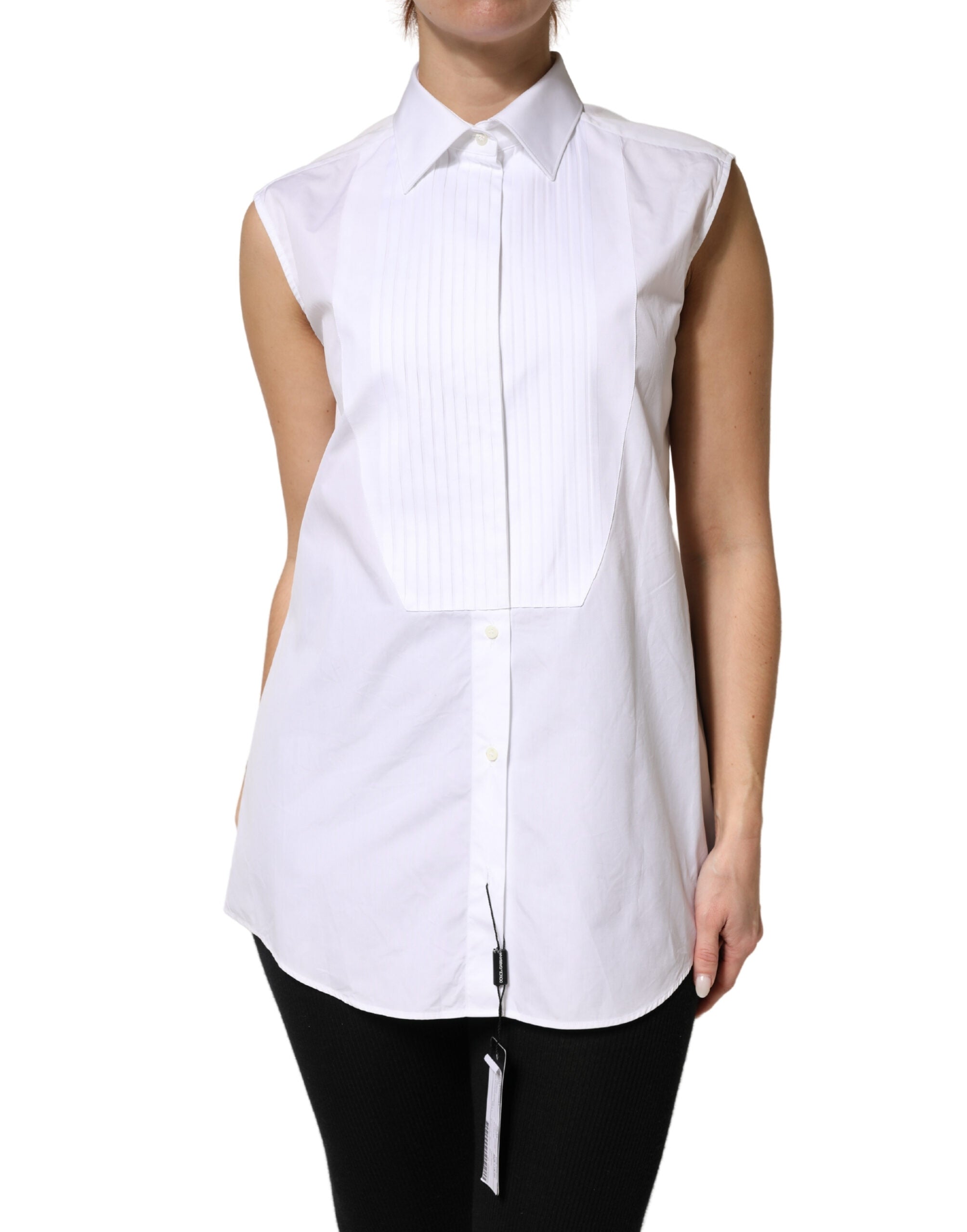 White Cotton Pleated Sleeveless Button Down Top - ventzia