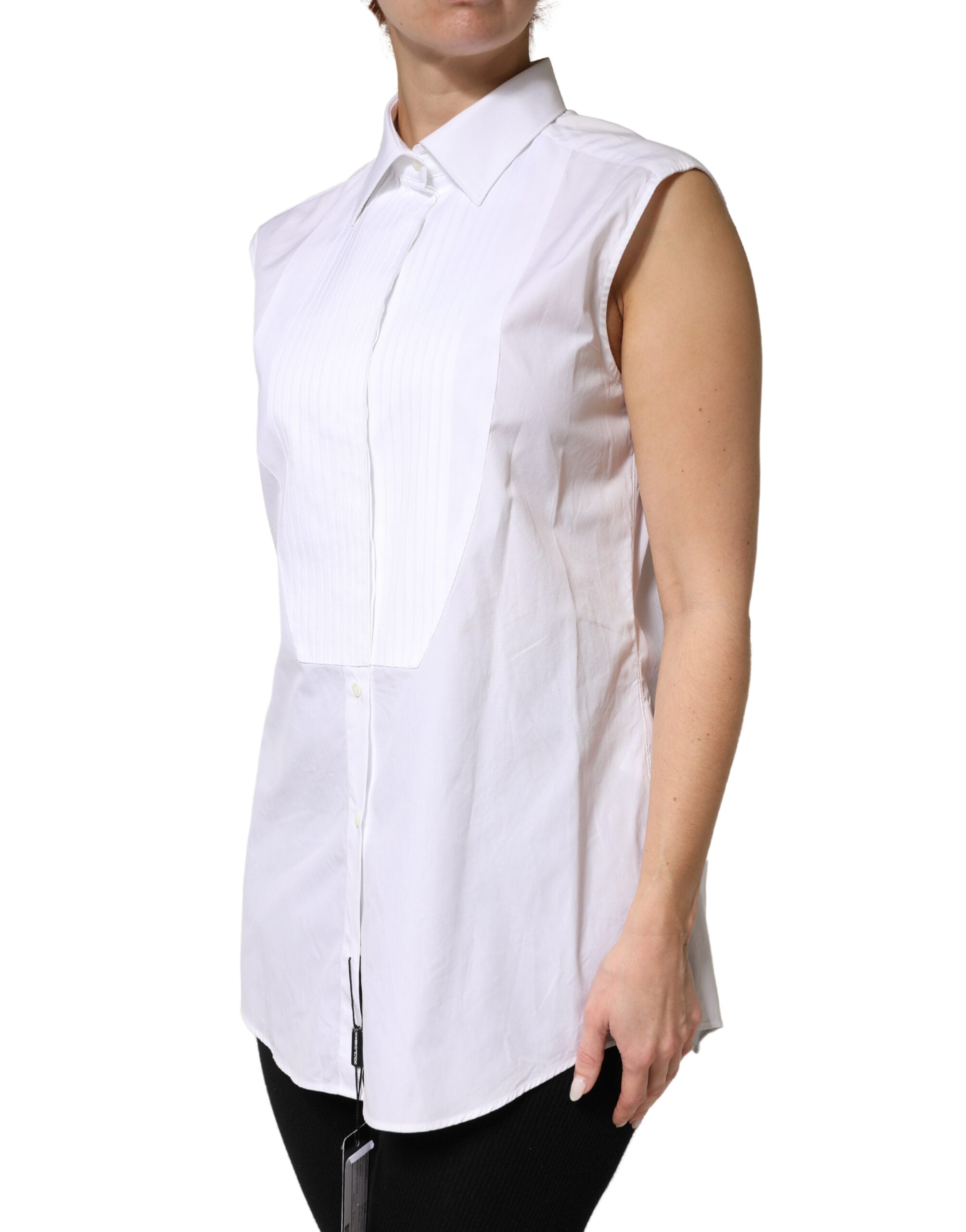 White Cotton Pleated Sleeveless Button Down Top - ventzia