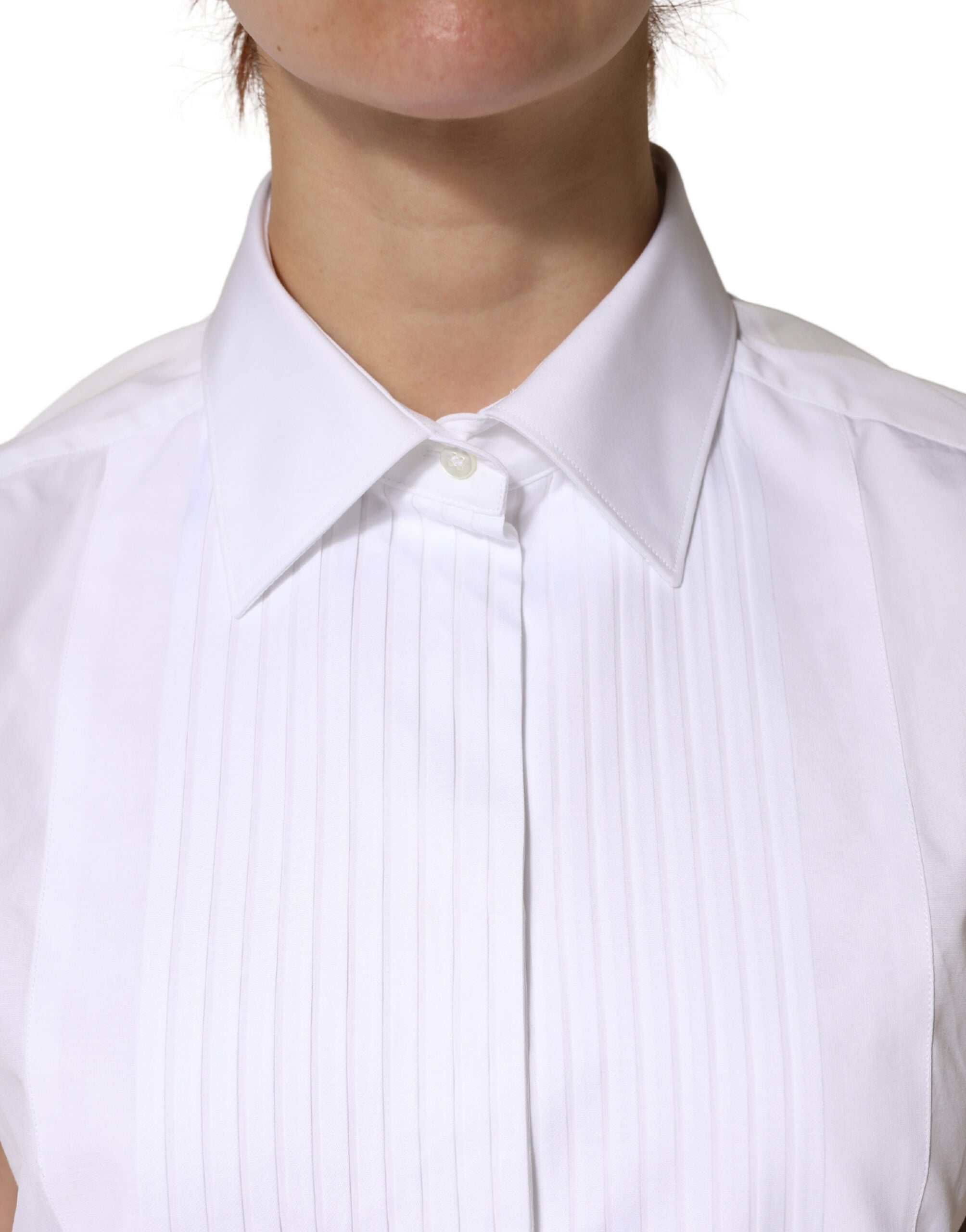 White Cotton Pleated Sleeveless Button Down Top - ventzia