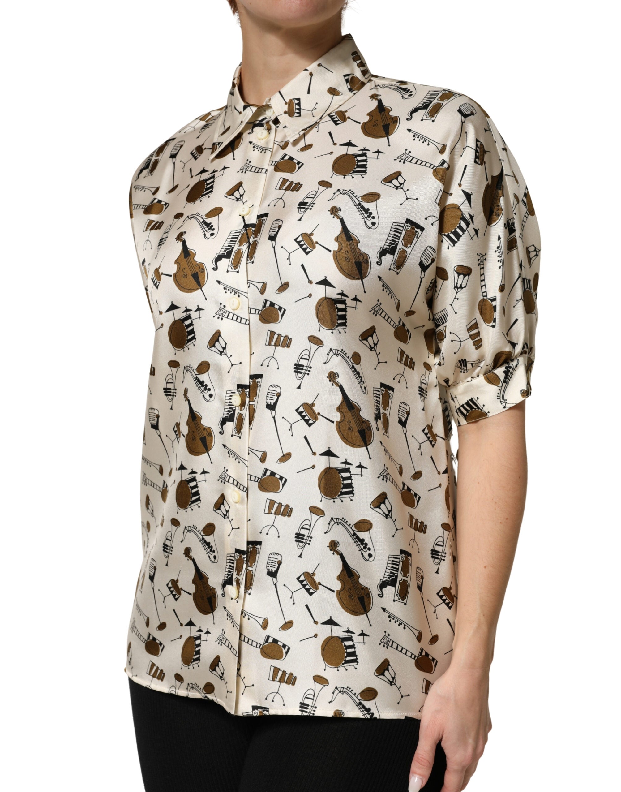 Beige Musical Instrument Print Short Sleeve Top - ventzia