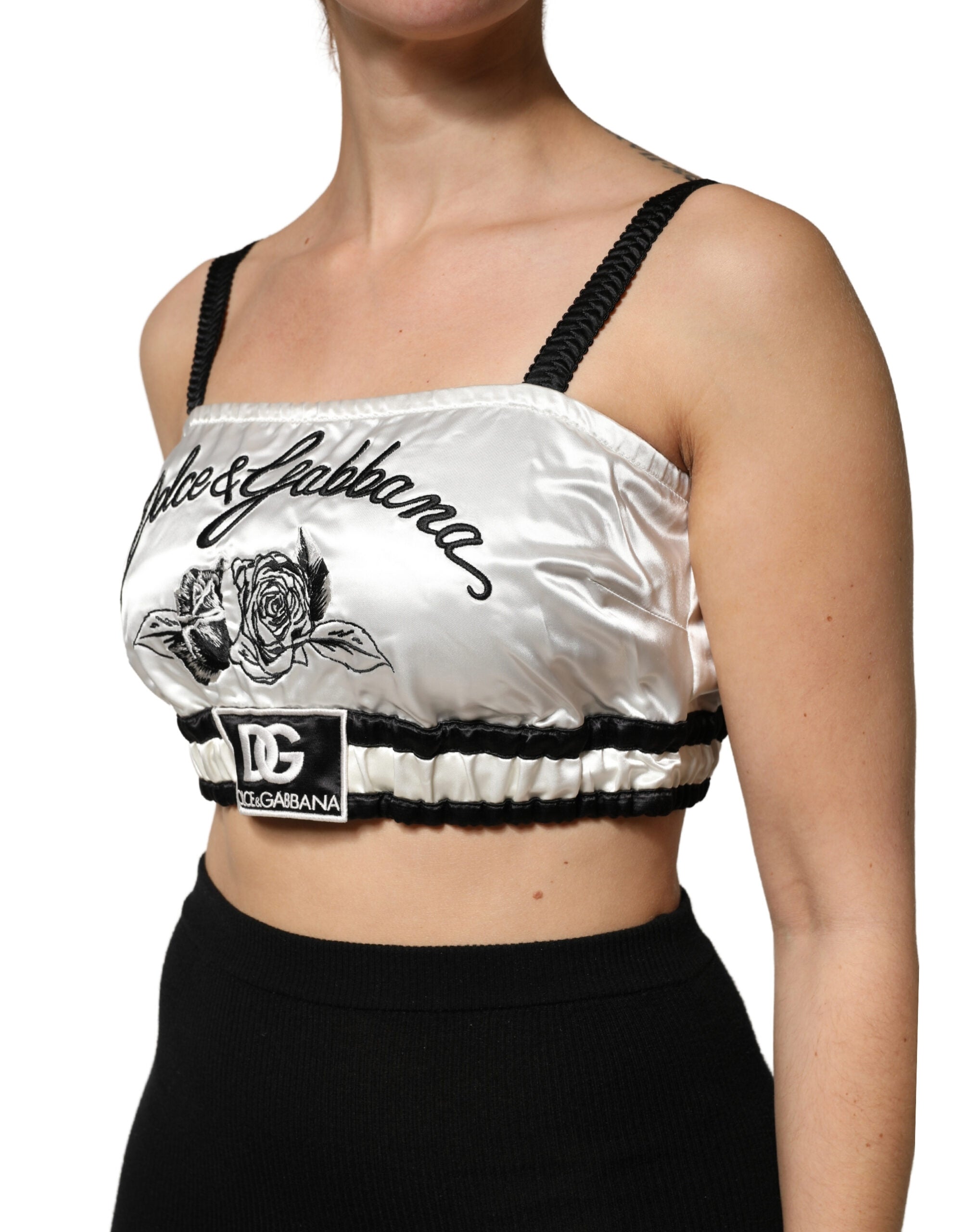 White Silk Satin Crop Black Logo Bralette Top - ventzia