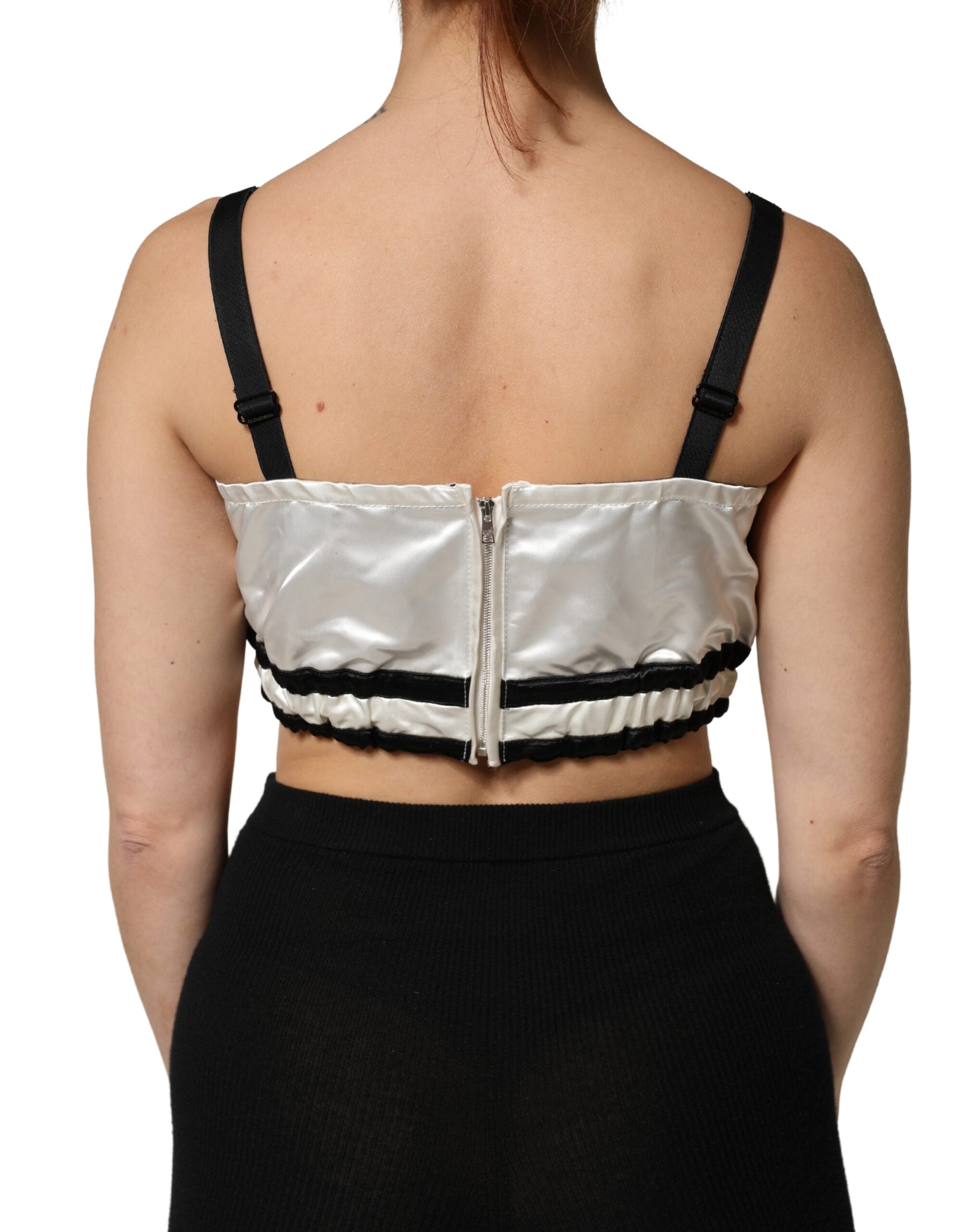 White Silk Satin Crop Black Logo Bralette Top - ventzia