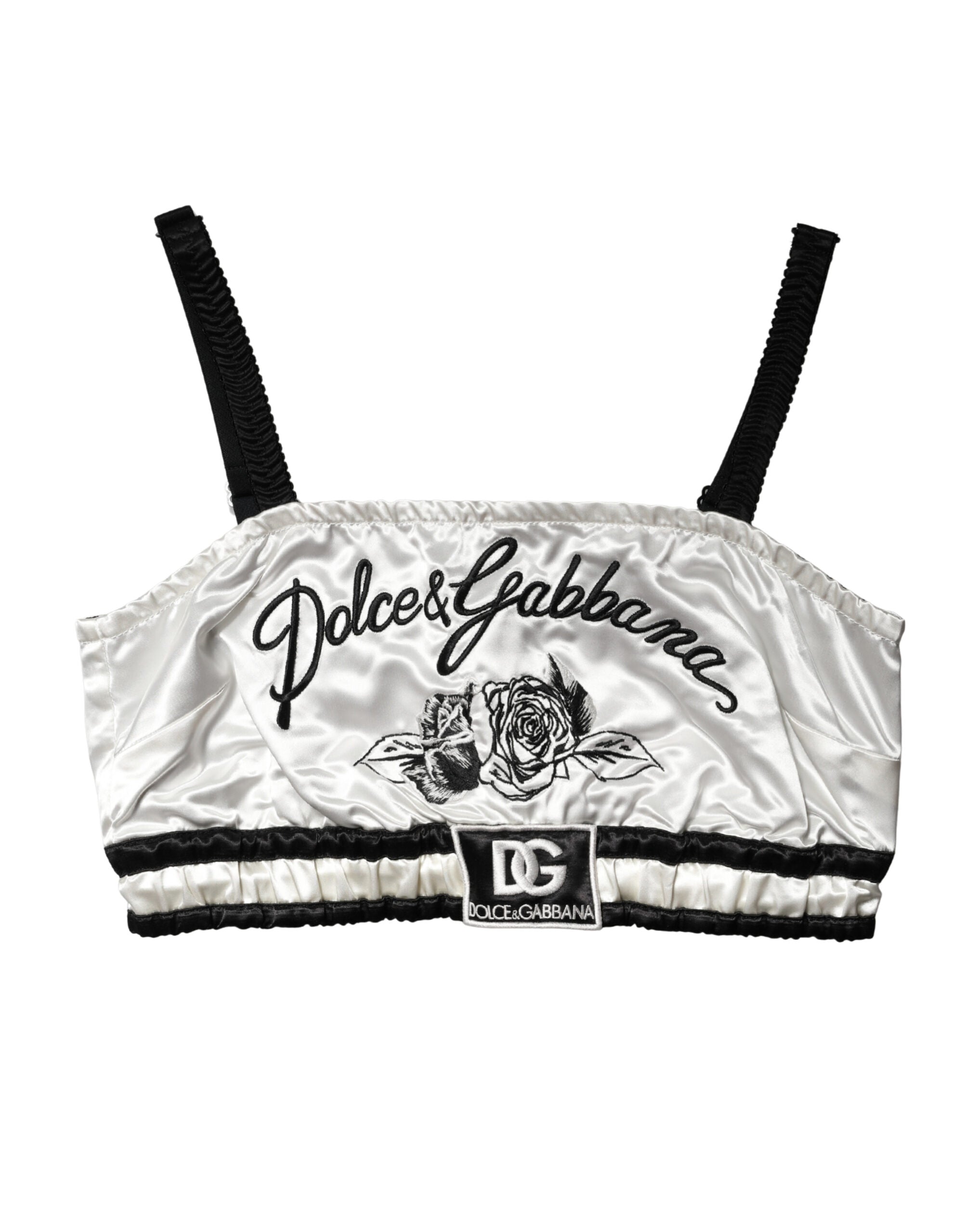 White Silk Satin Crop Black Logo Bralette Top - ventzia