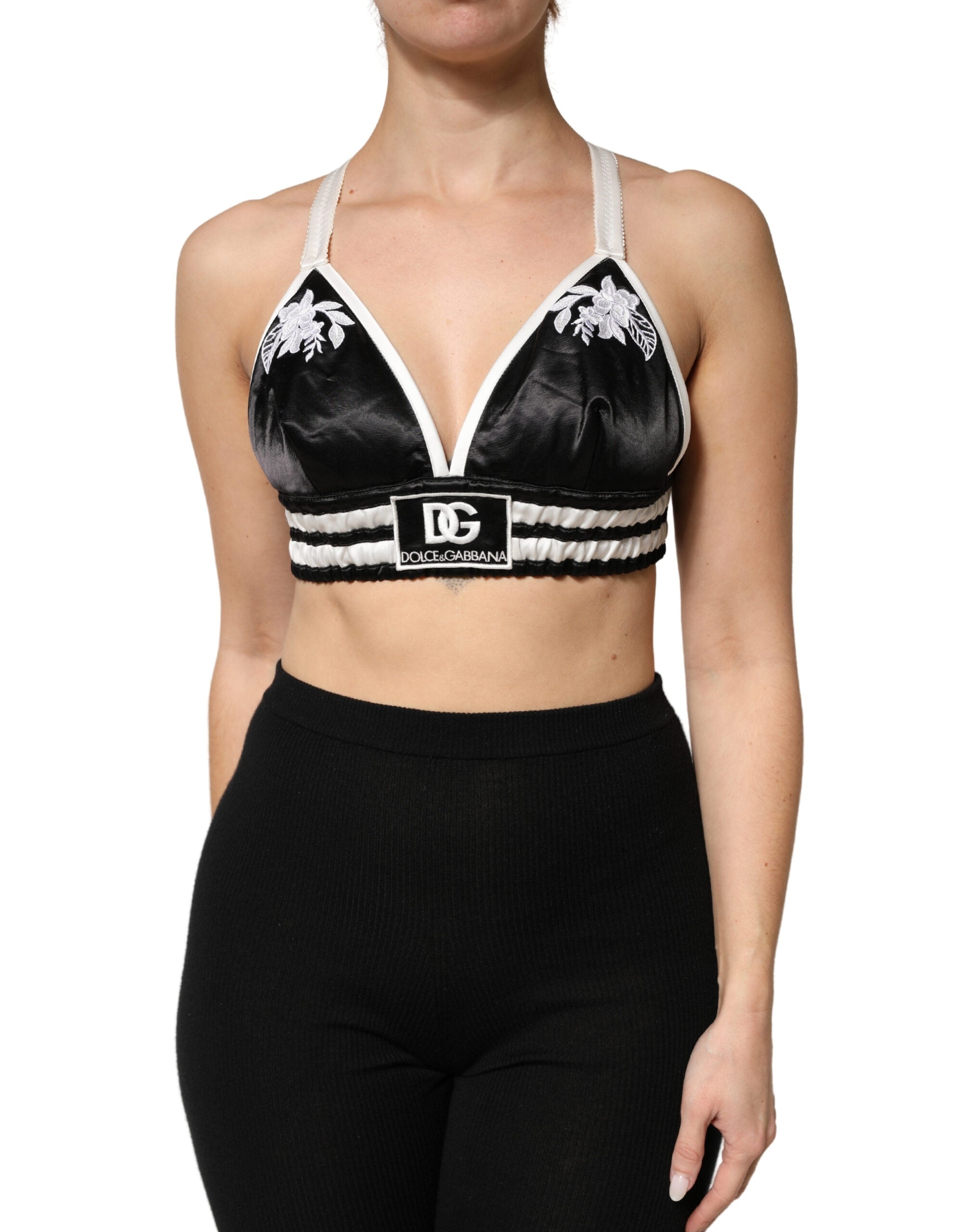 Black Floral Silk Satin Crop Logo Bralette Top - ventzia