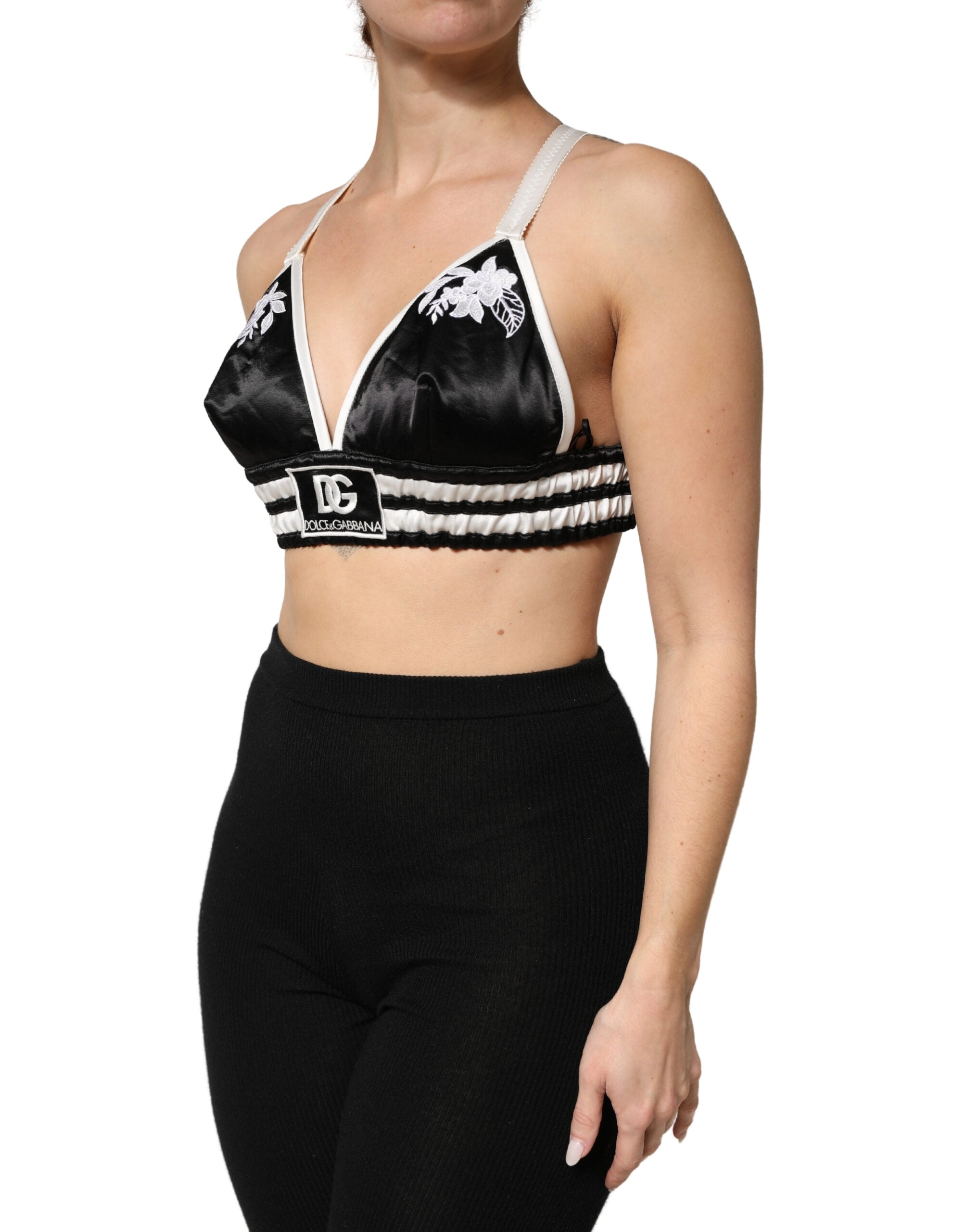 Black Floral Silk Satin Crop Logo Bralette Top - ventzia