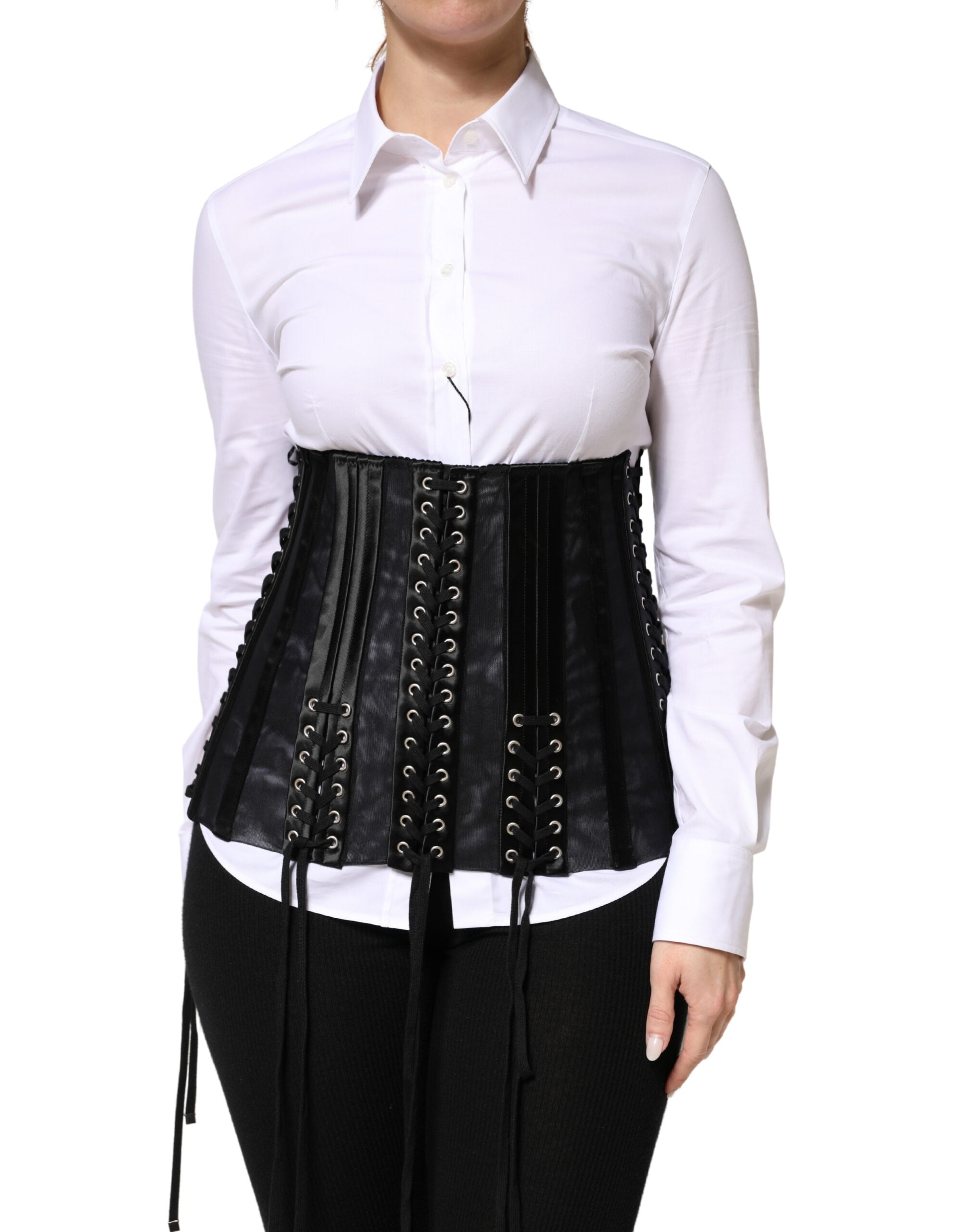 Black Lace-Up Waist Cincher Bustier Corset Top - ventzia