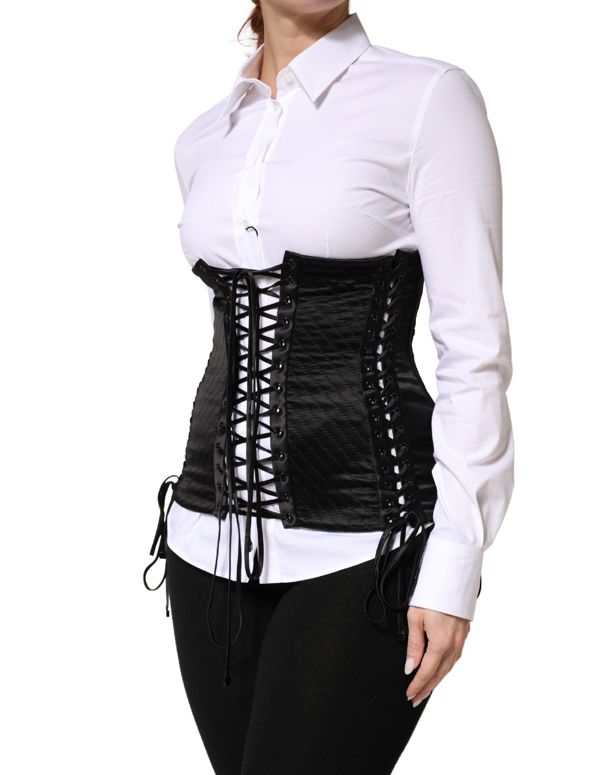 Black Silk Lace-Up Waist Cincher Corset Top - ventzia
