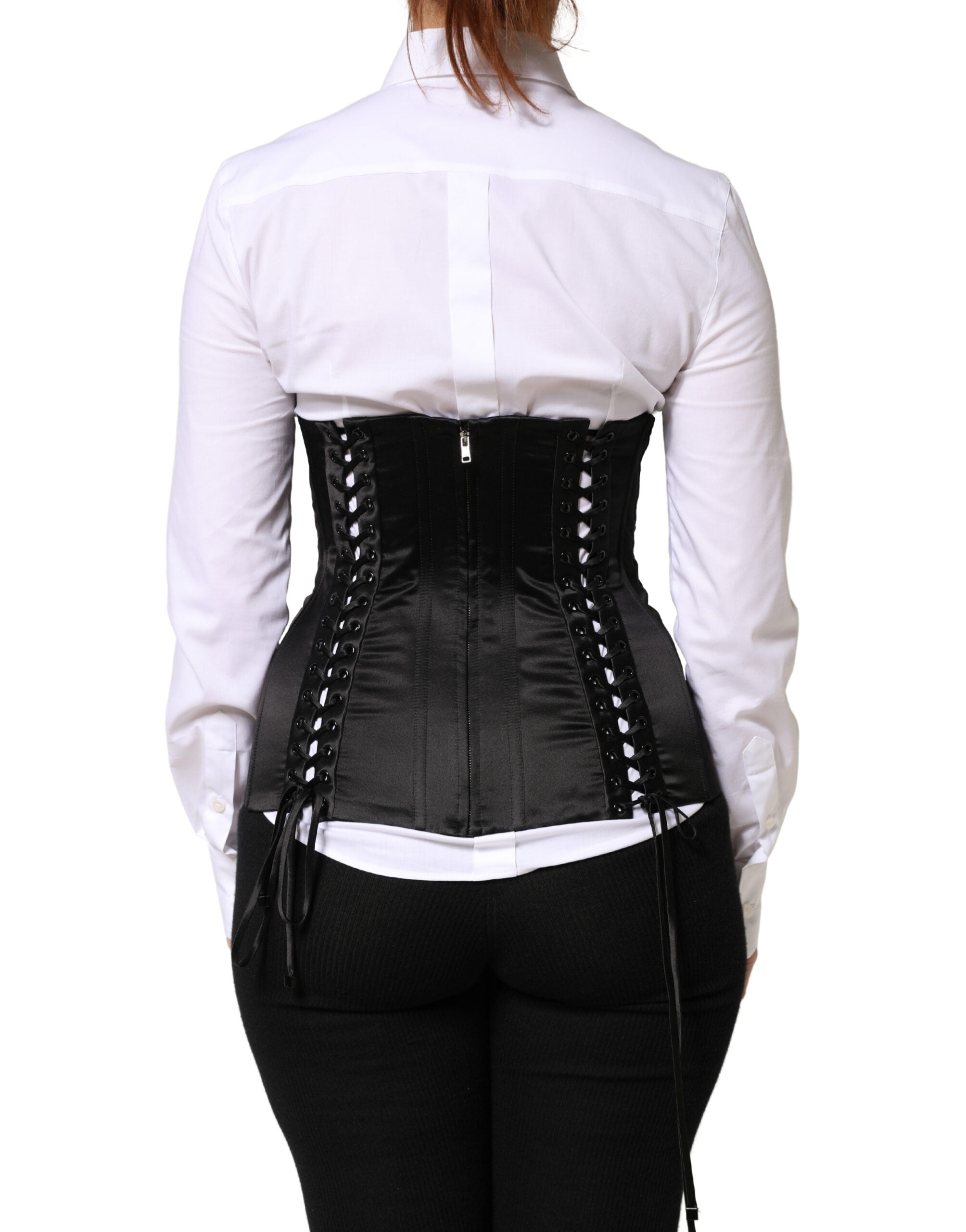 Black Silk Lace-Up Waist Cincher Corset Top - ventzia