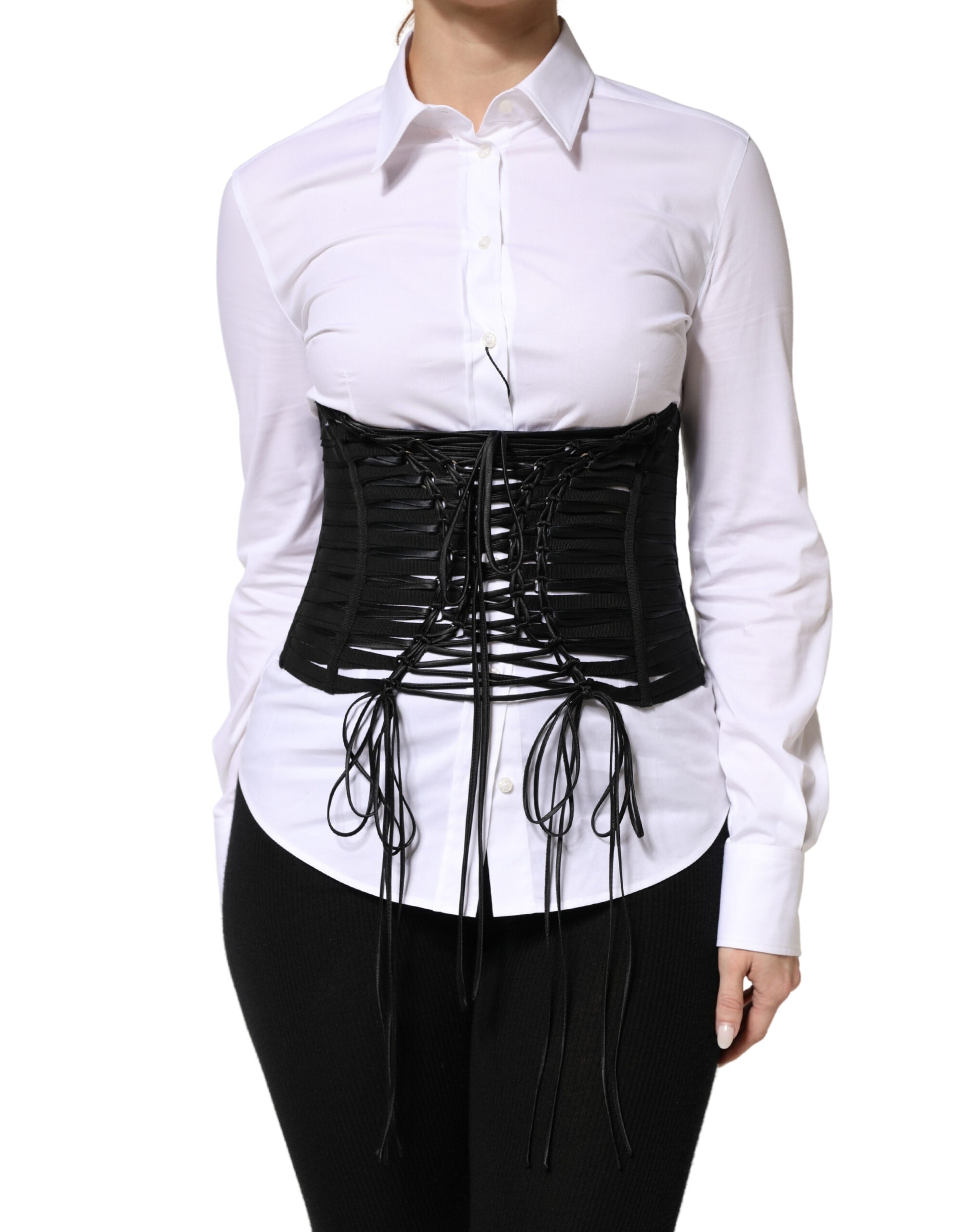 Black Polyester LaceUp Waist Cincher Corset Top - ventzia