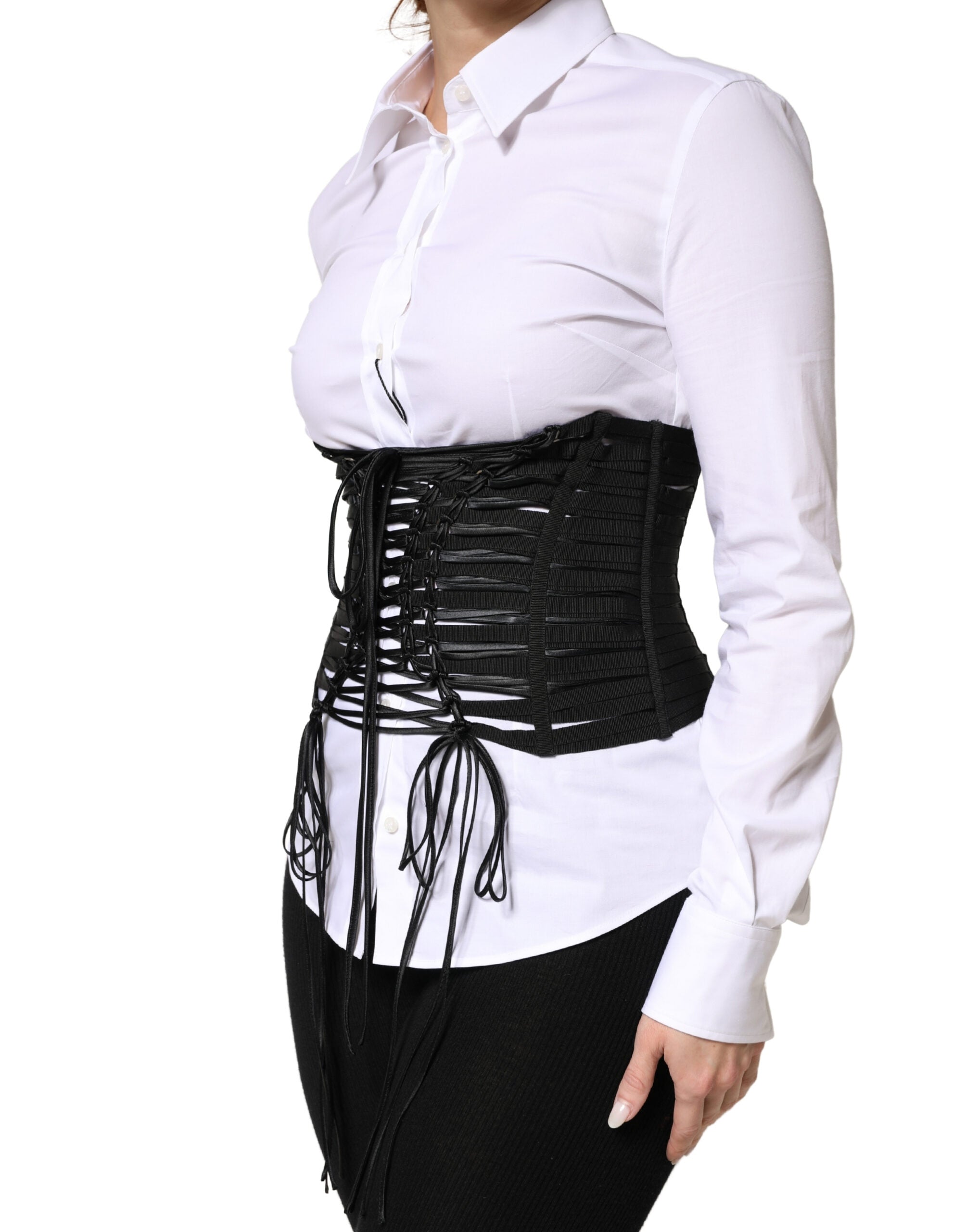 Black Polyester LaceUp Waist Cincher Corset Top - ventzia