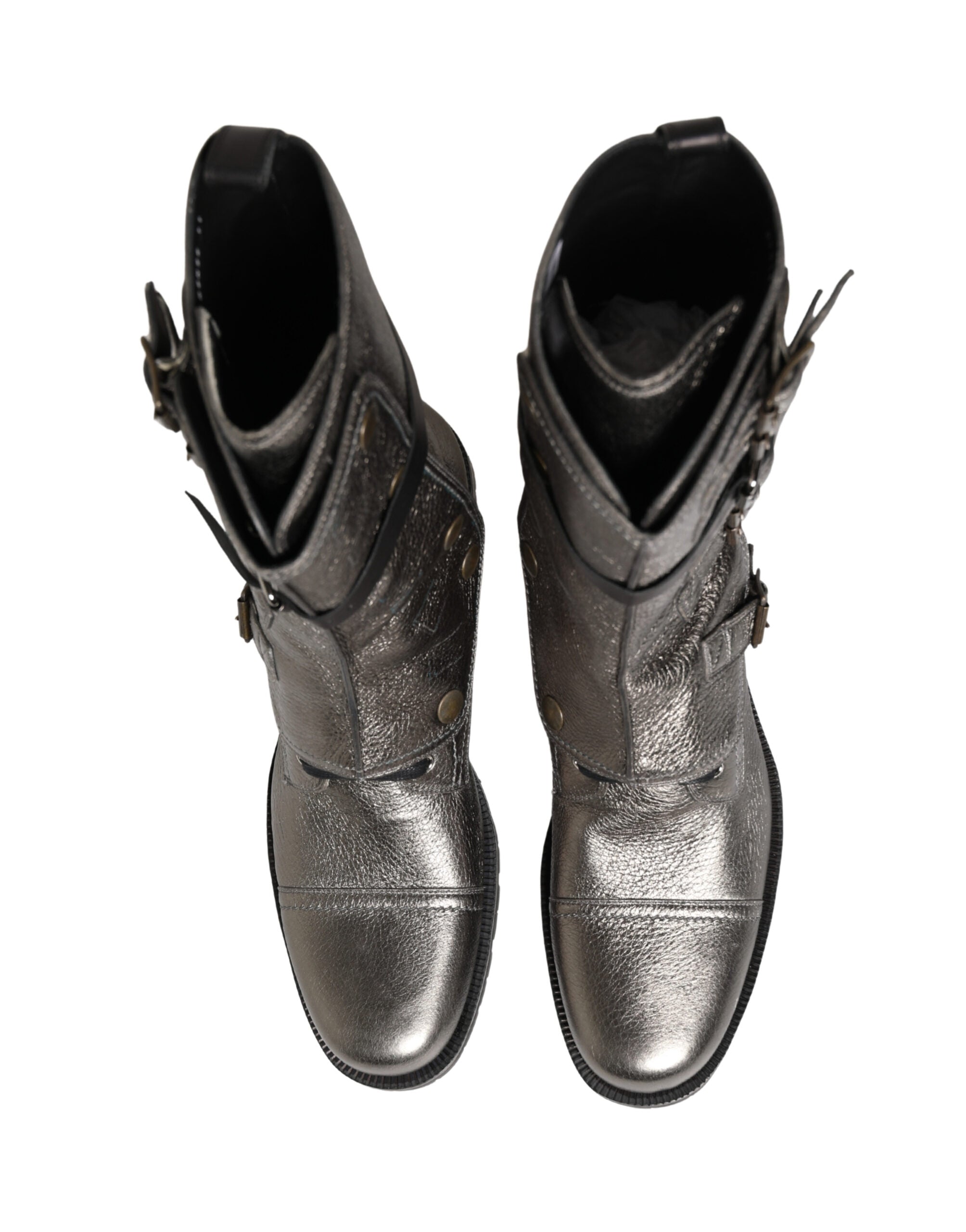 Metallic Leather Buckle Combat Boots Shoes - ventzia