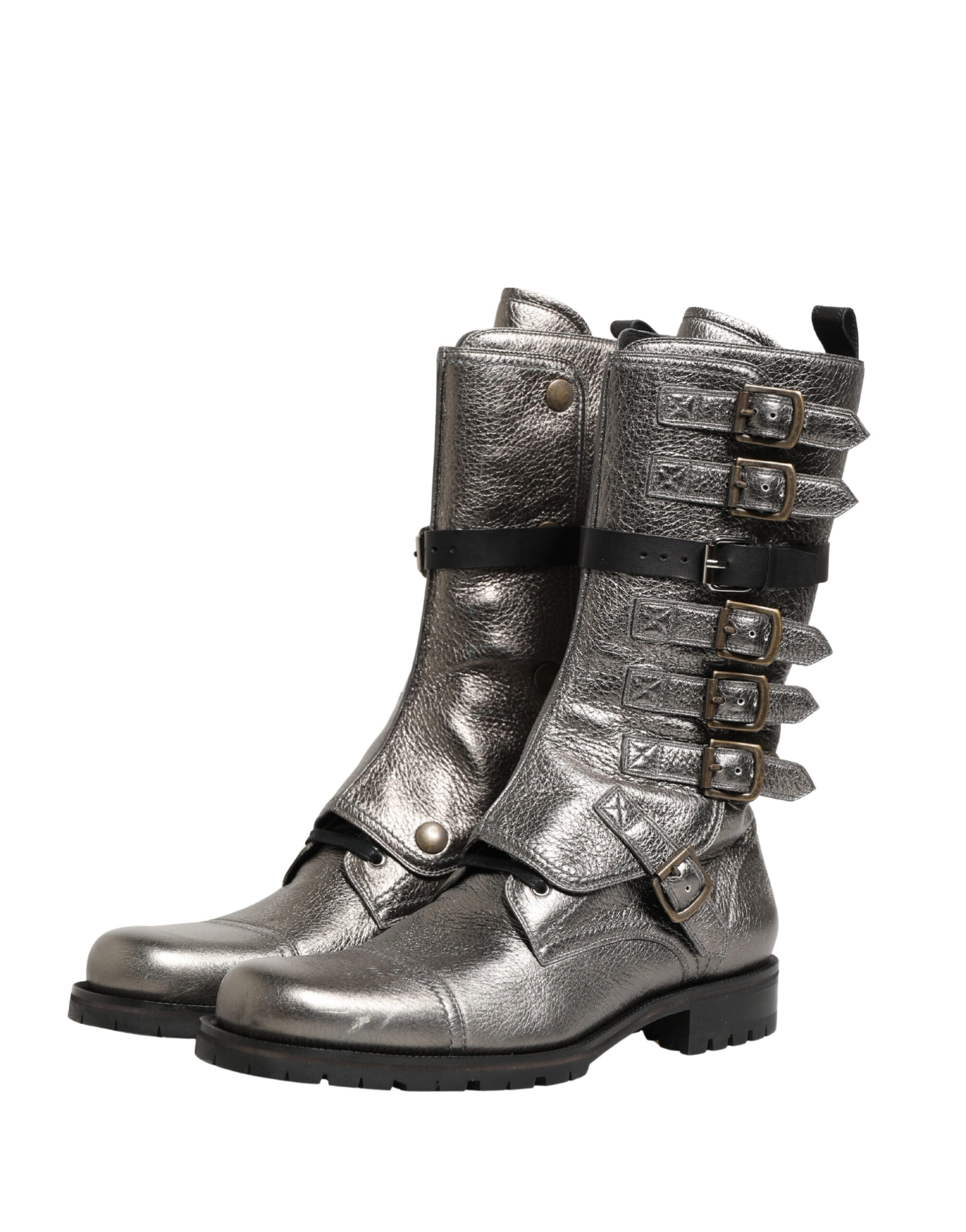 Metallic Leather Buckle Combat Boots Shoes - ventzia