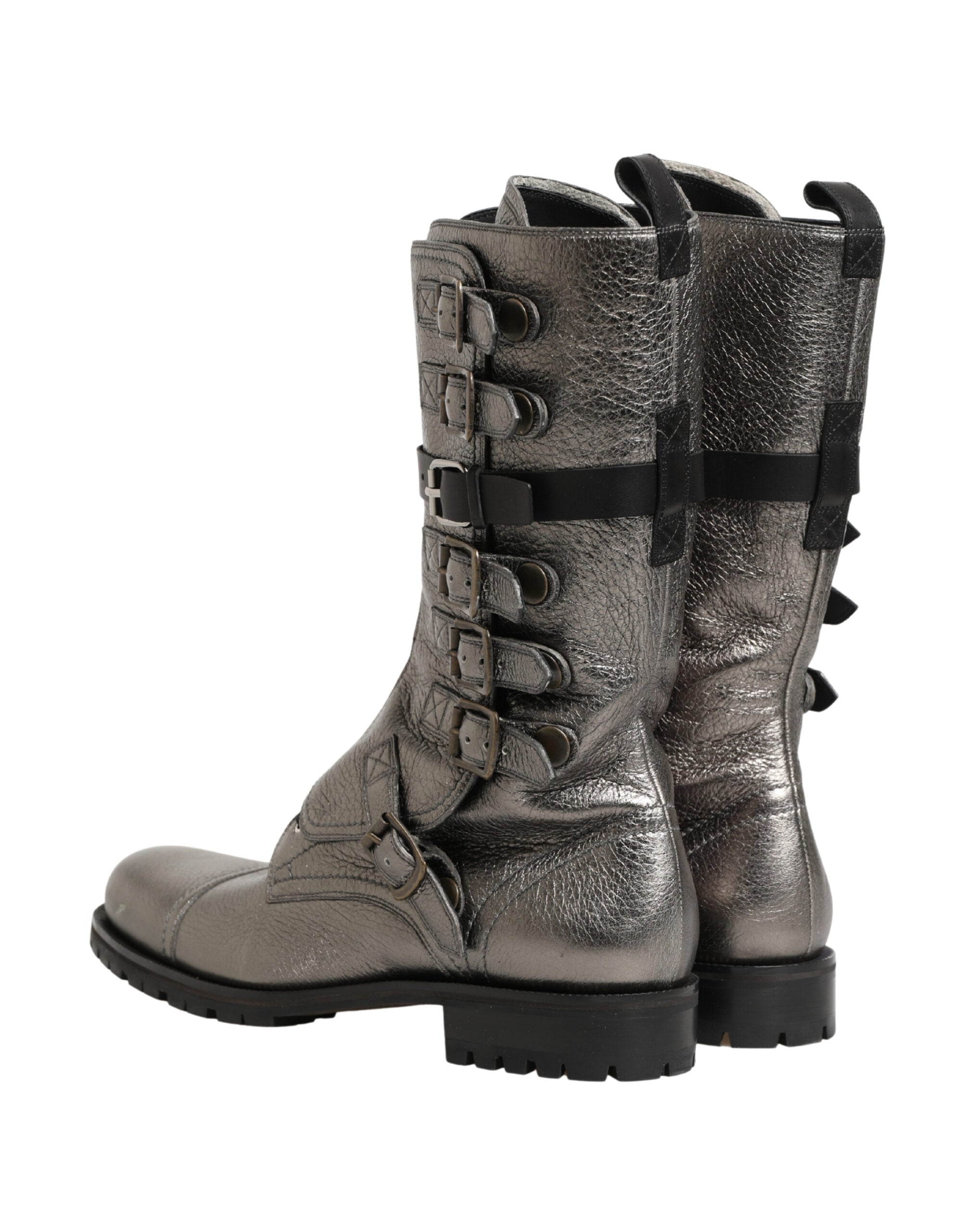 Metallic Leather Buckle Combat Boots Shoes - ventzia