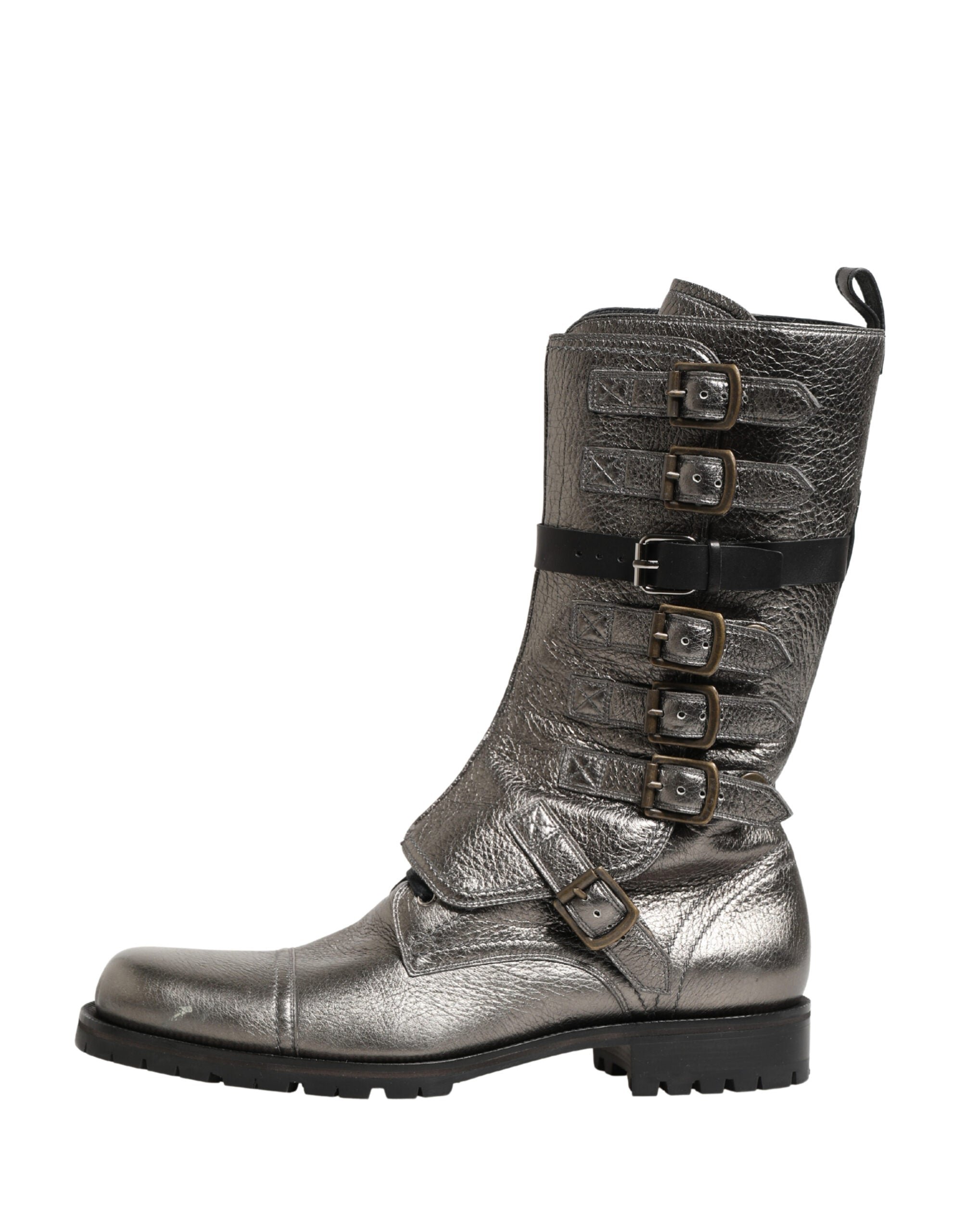 Metallic Leather Buckle Combat Boots Shoes - ventzia