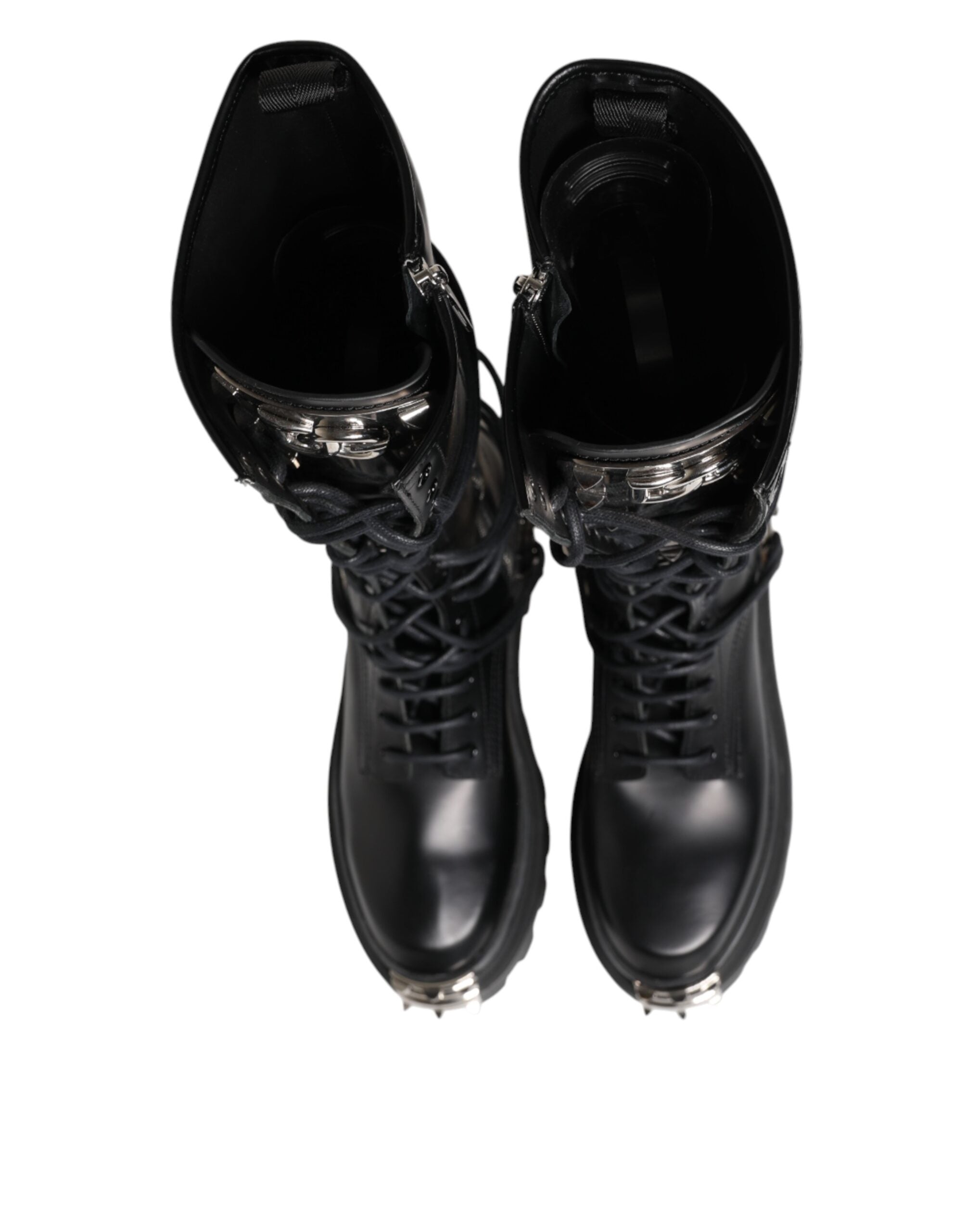 Black Leather Knee High Combat Boots Shoes - ventzia