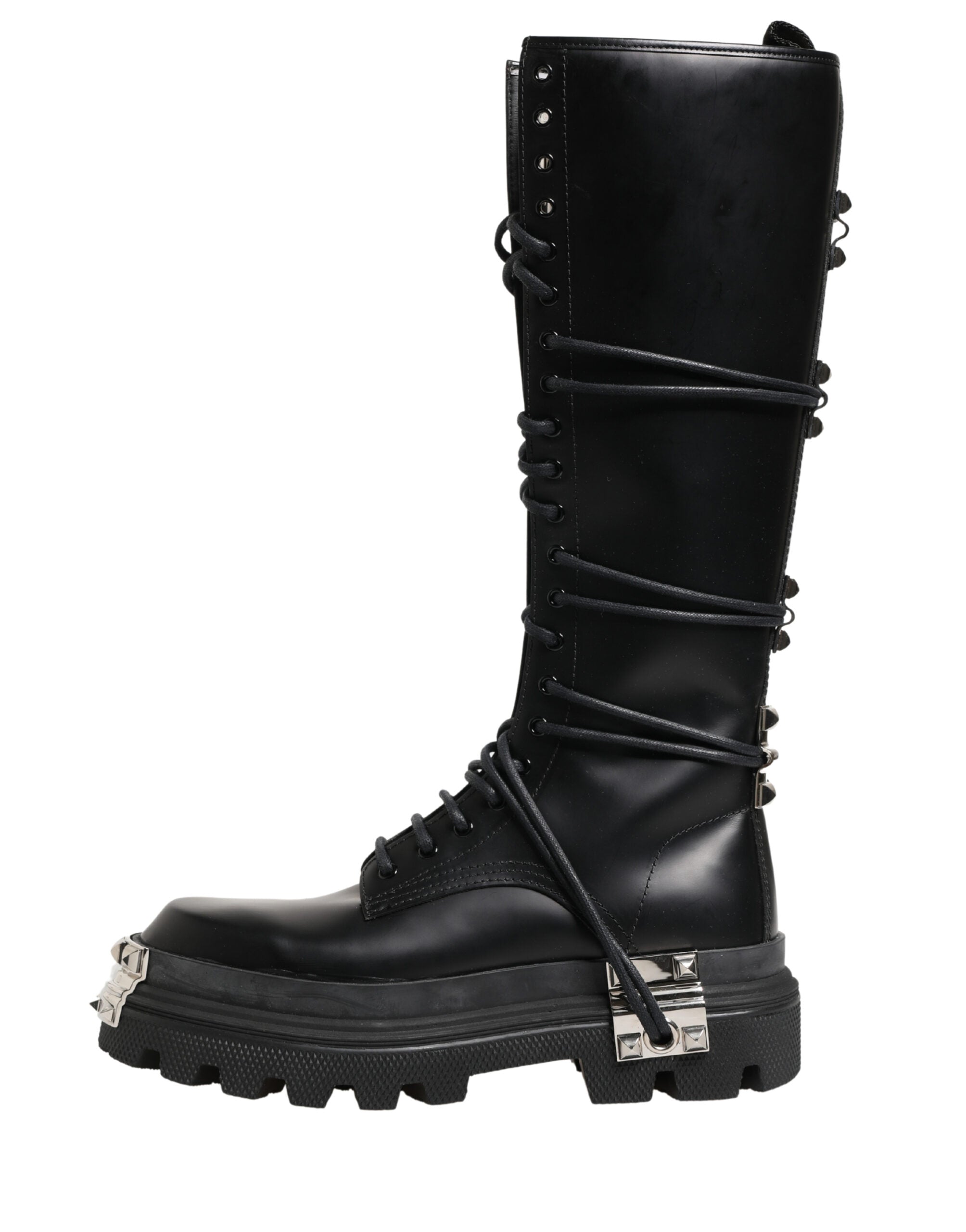 Black Leather Knee High Combat Boots Shoes - ventzia