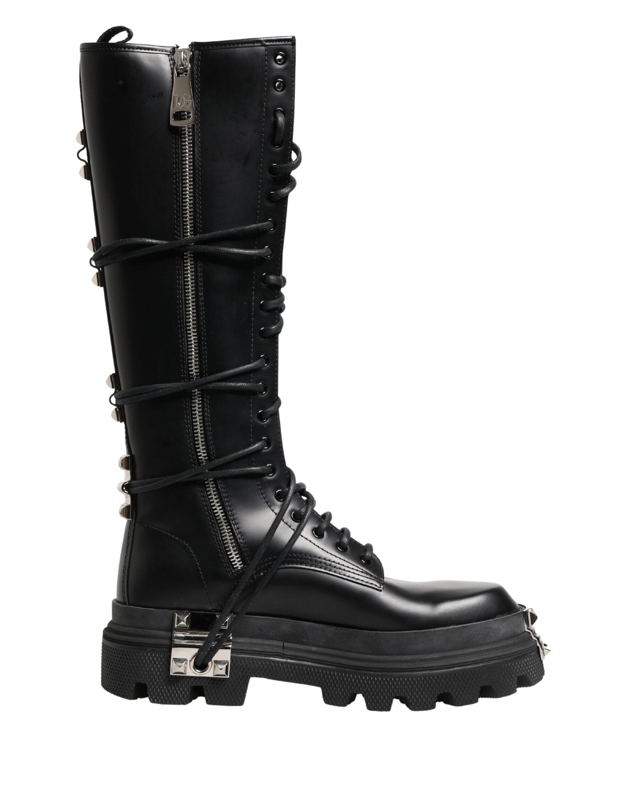 Black Leather Knee High Combat Boots Shoes - ventzia