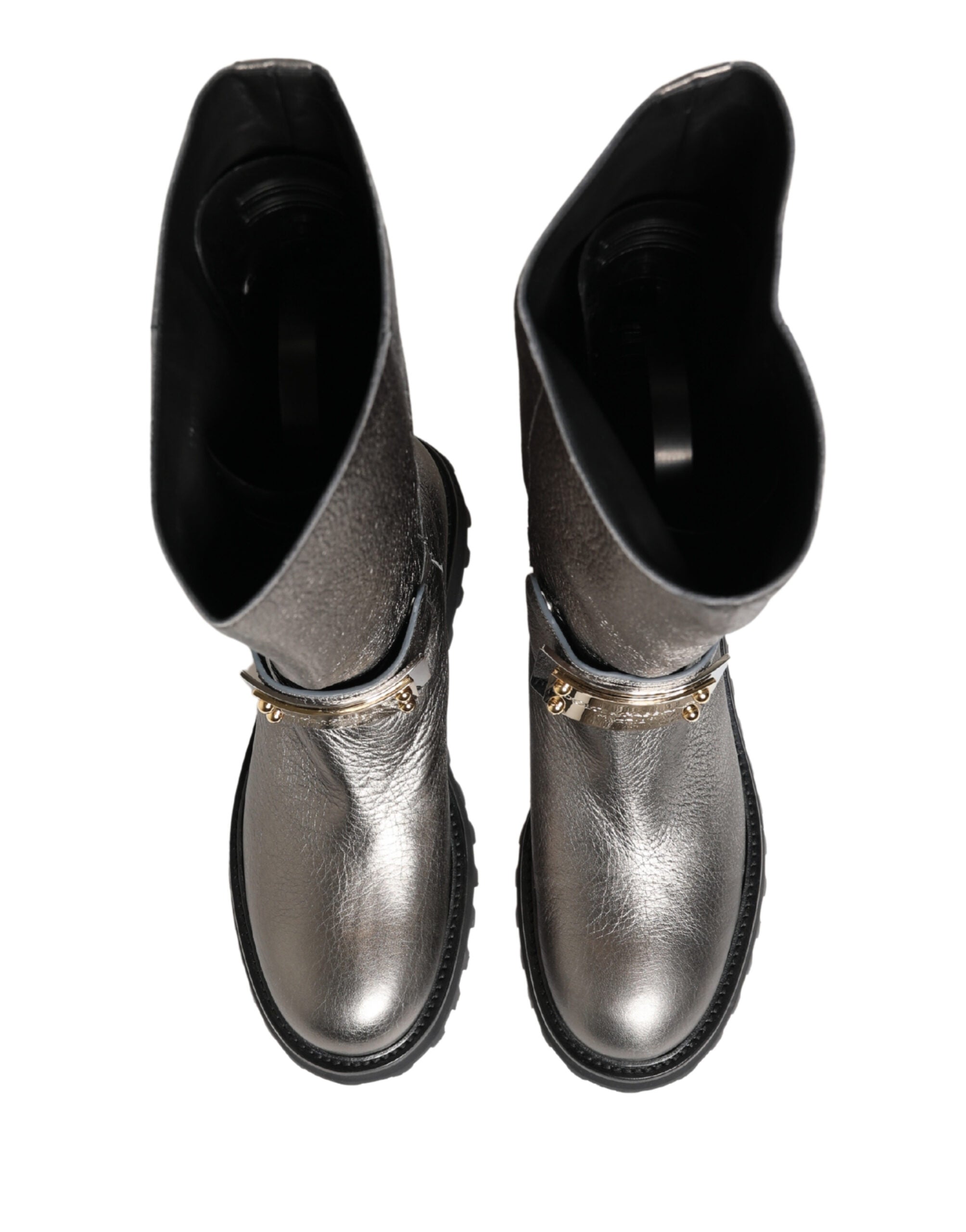Metallic Silver Leather Mid Calf Boots Shoes - ventzia