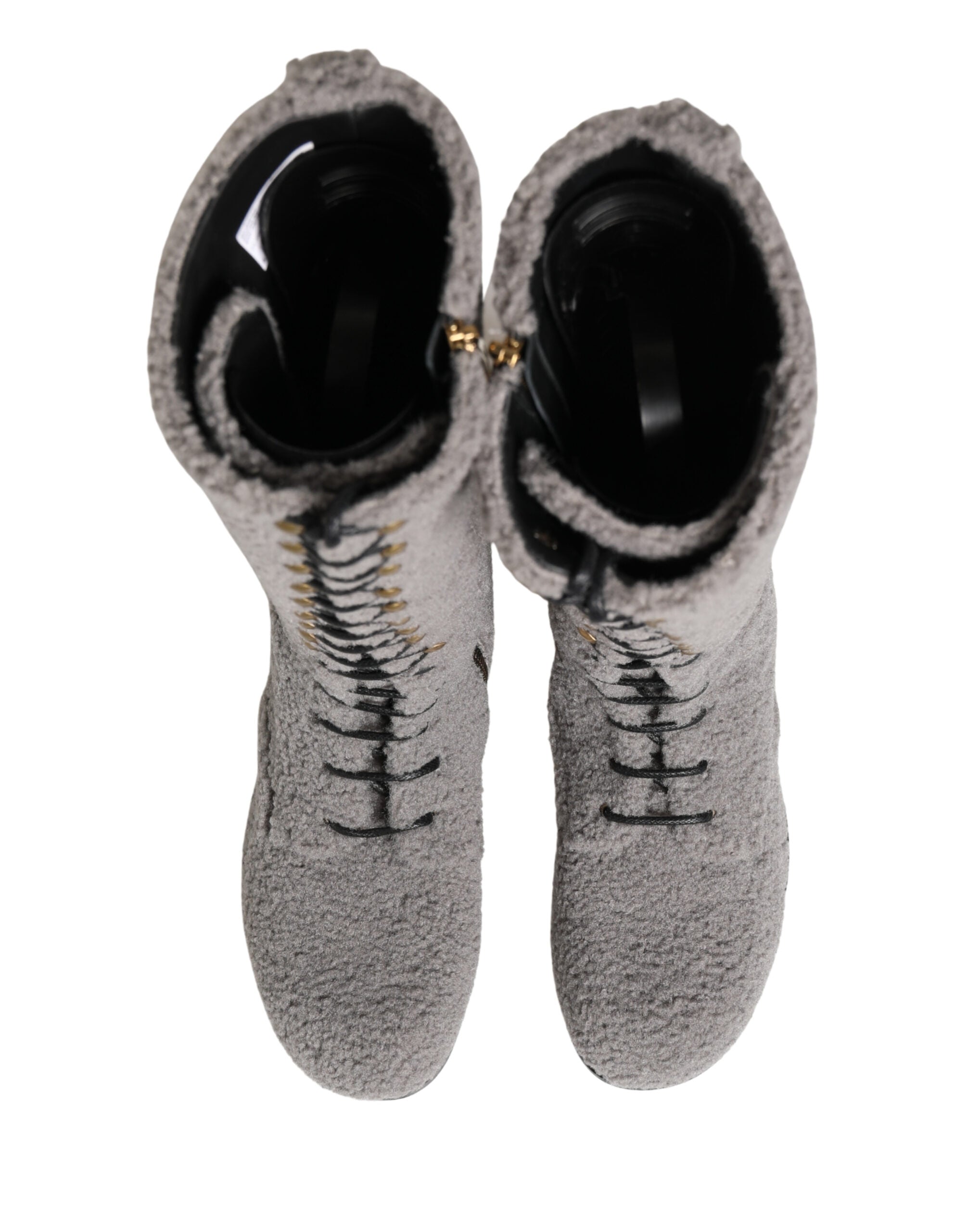 Gray Shearling Lace Up Knee High Boots Shoes - ventzia