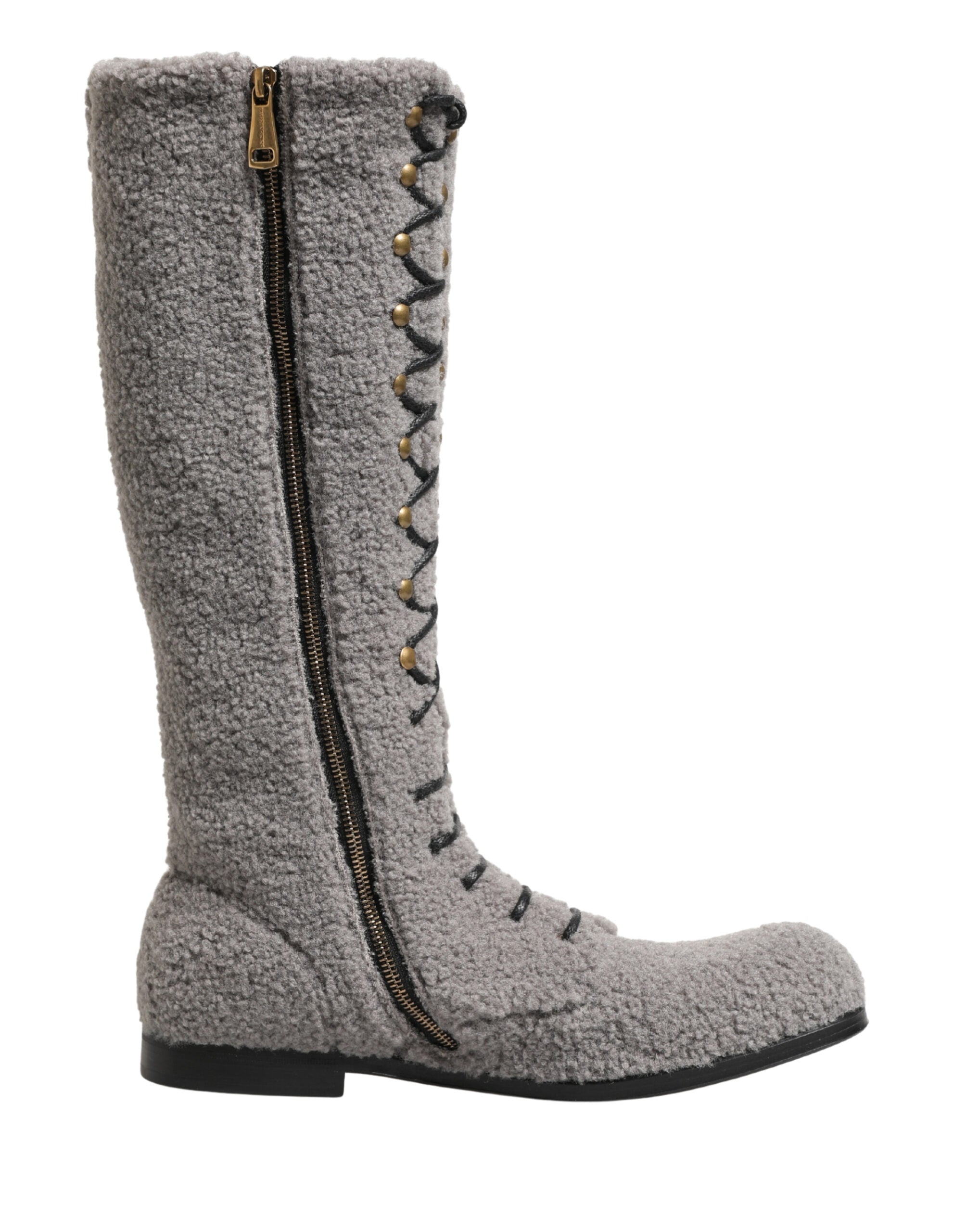 Gray Shearling Lace Up Knee High Boots Shoes - ventzia