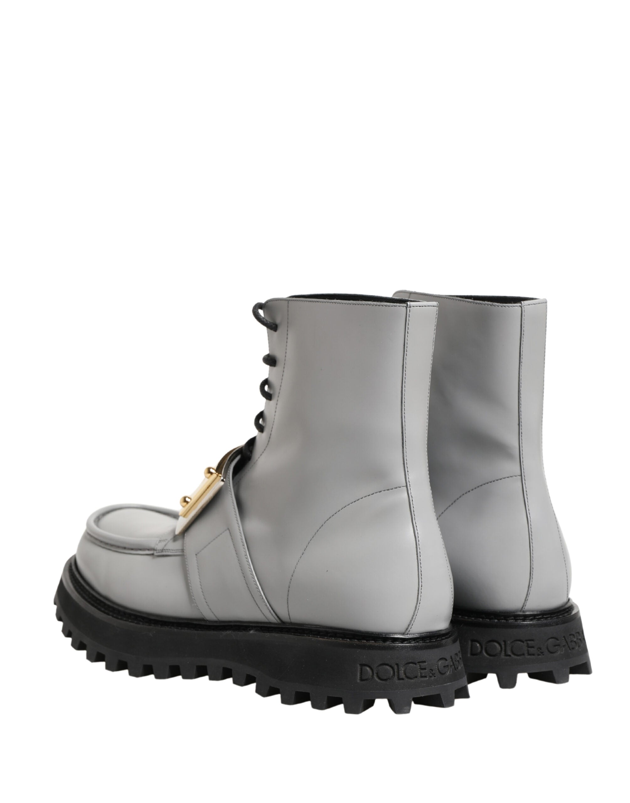 Gray Leather Logo Plaque Ankle Boots Shoes - ventzia