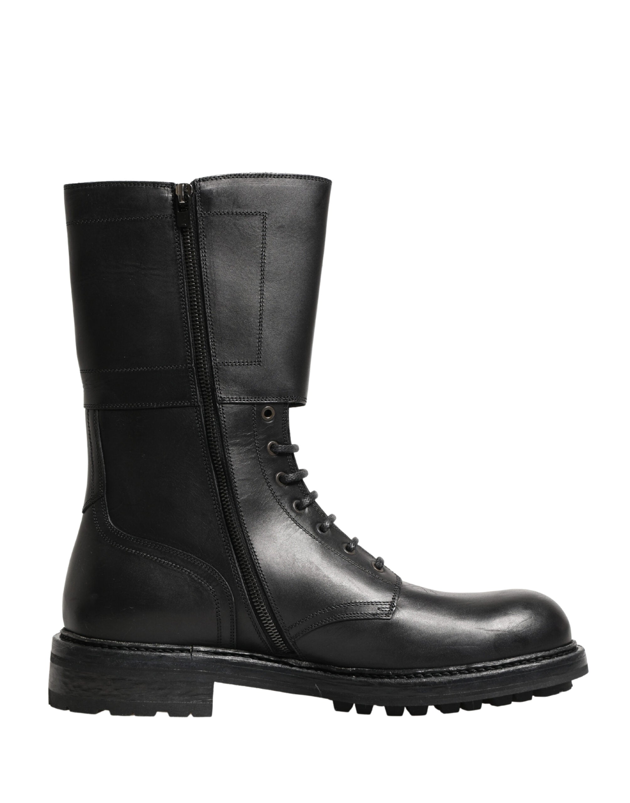 Black Leather Belted Buckle Combat Boots Shoes - ventzia