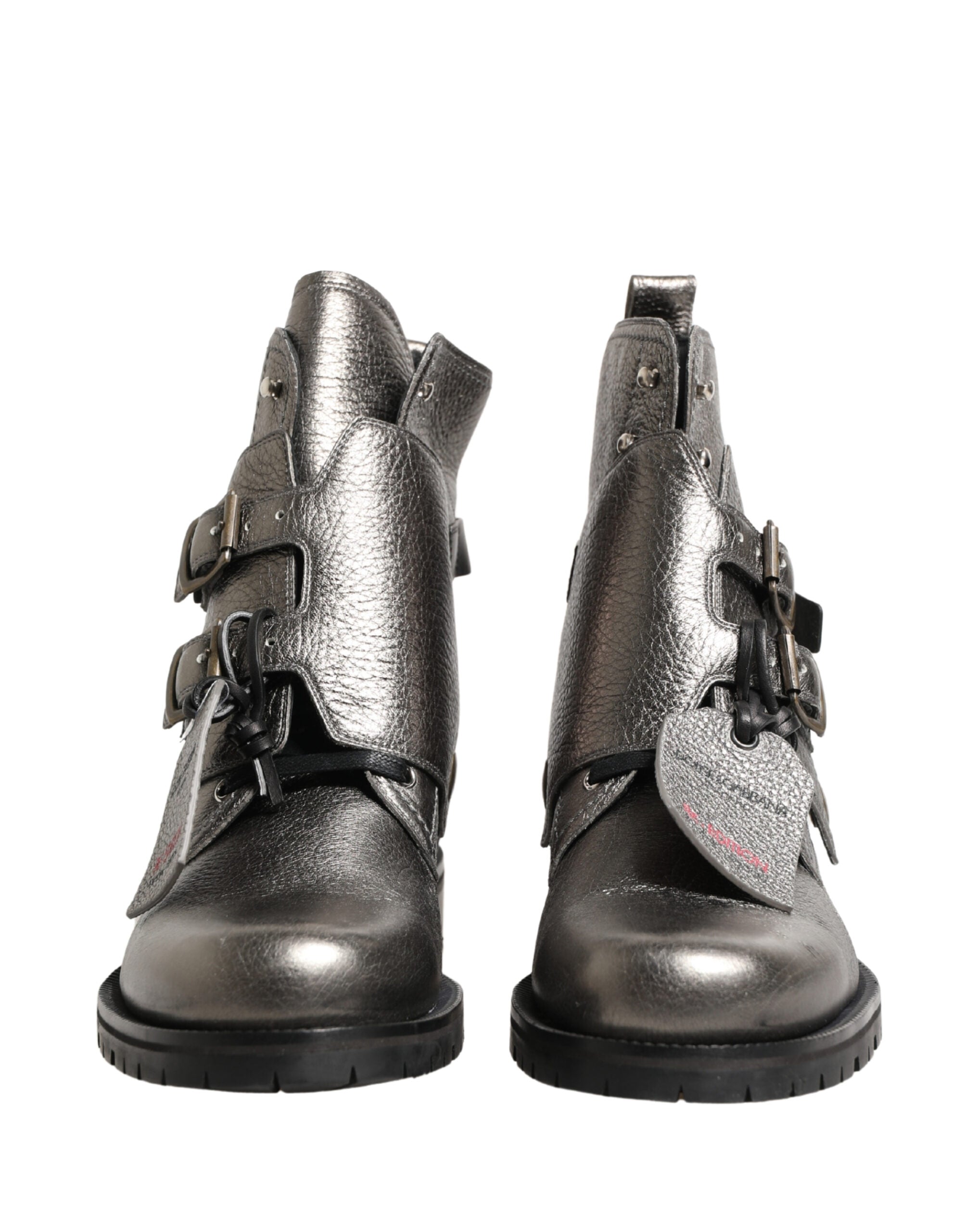Metallic Silver Leather Buckle Ankle Boots Shoes - ventzia