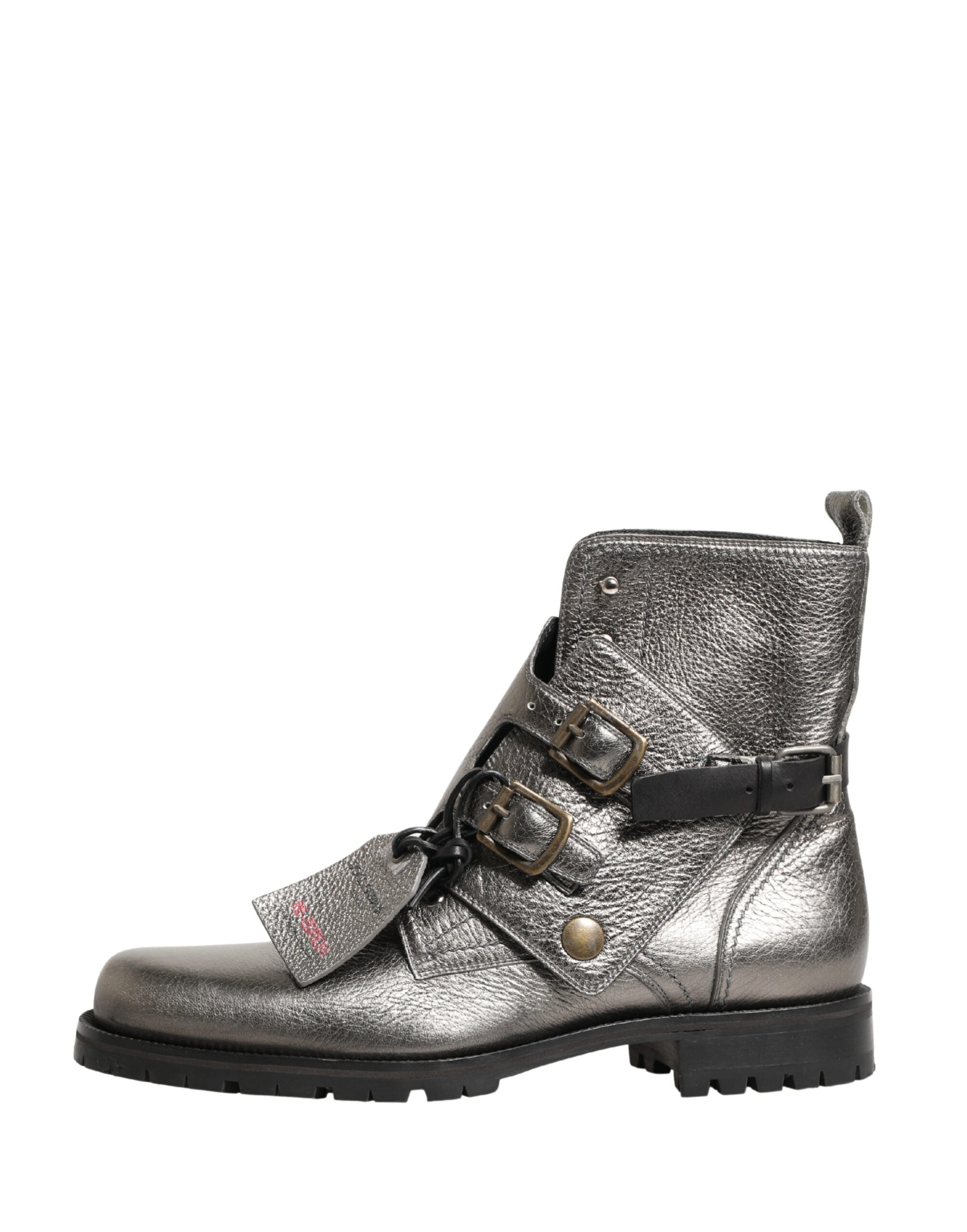 Metallic Silver Leather Buckle Ankle Boots Shoes - ventzia