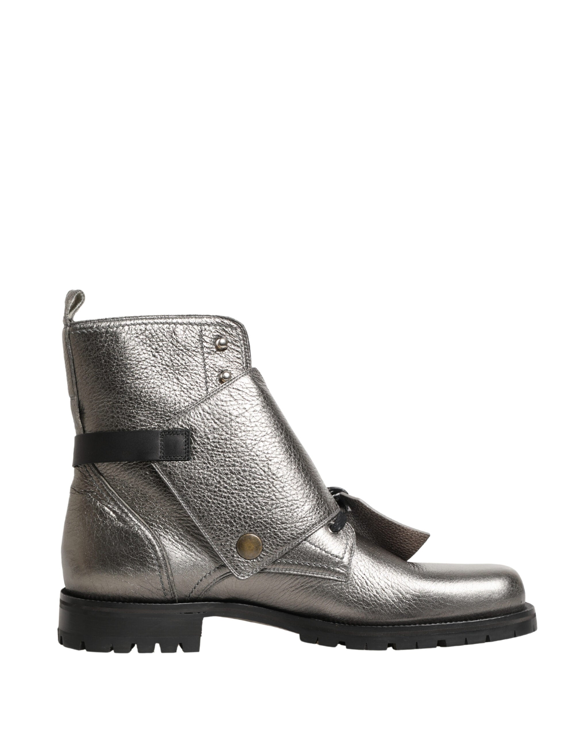 Metallic Silver Leather Buckle Ankle Boots Shoes - ventzia