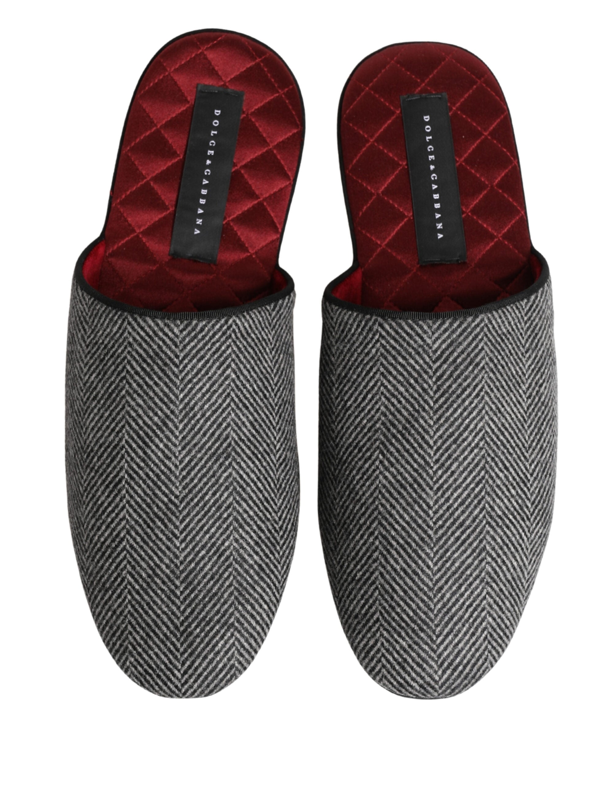 Grey Herringbone Cashmere Red Slippers Shoes - ventzia