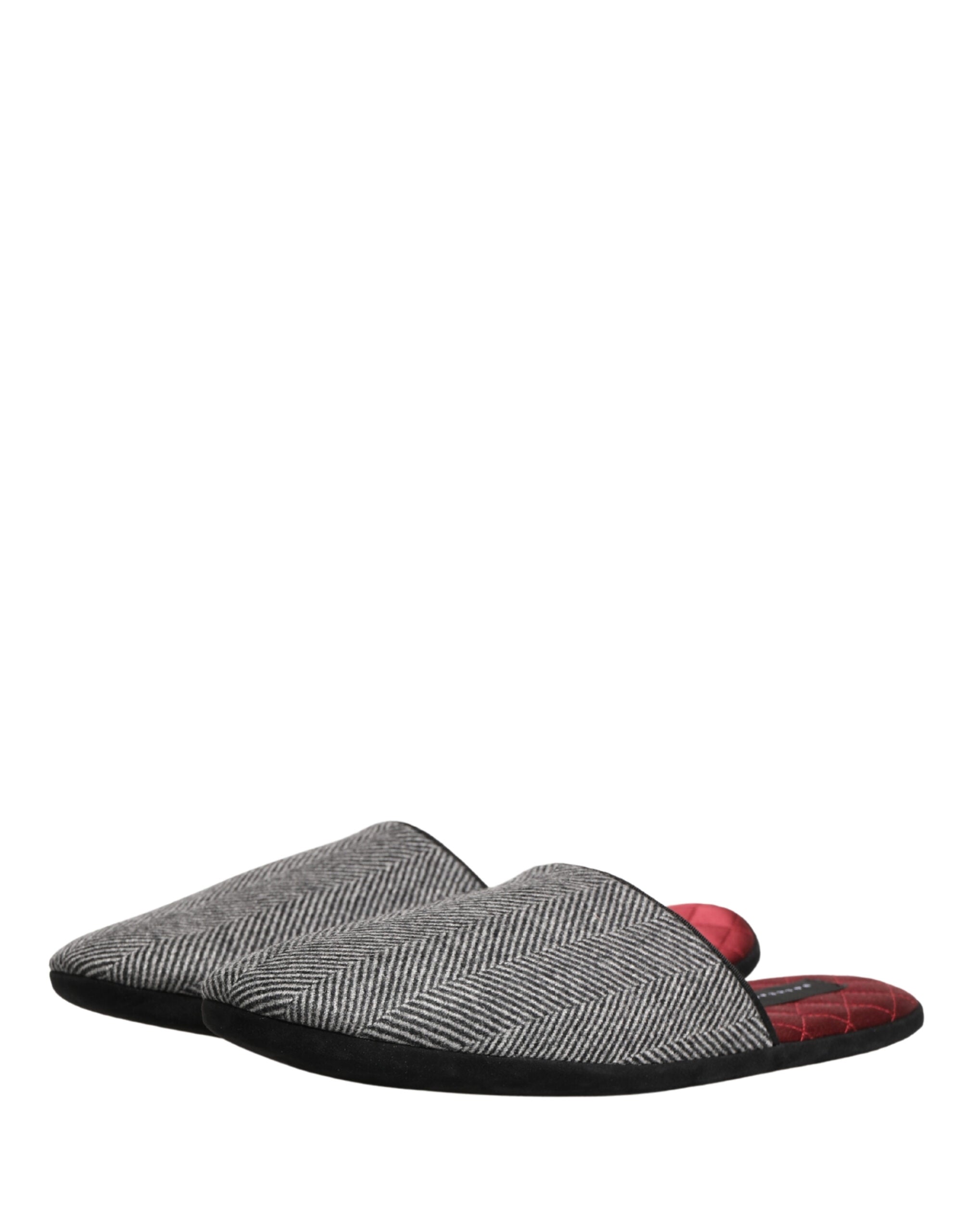 Grey Herringbone Cashmere Red Slippers Shoes - ventzia