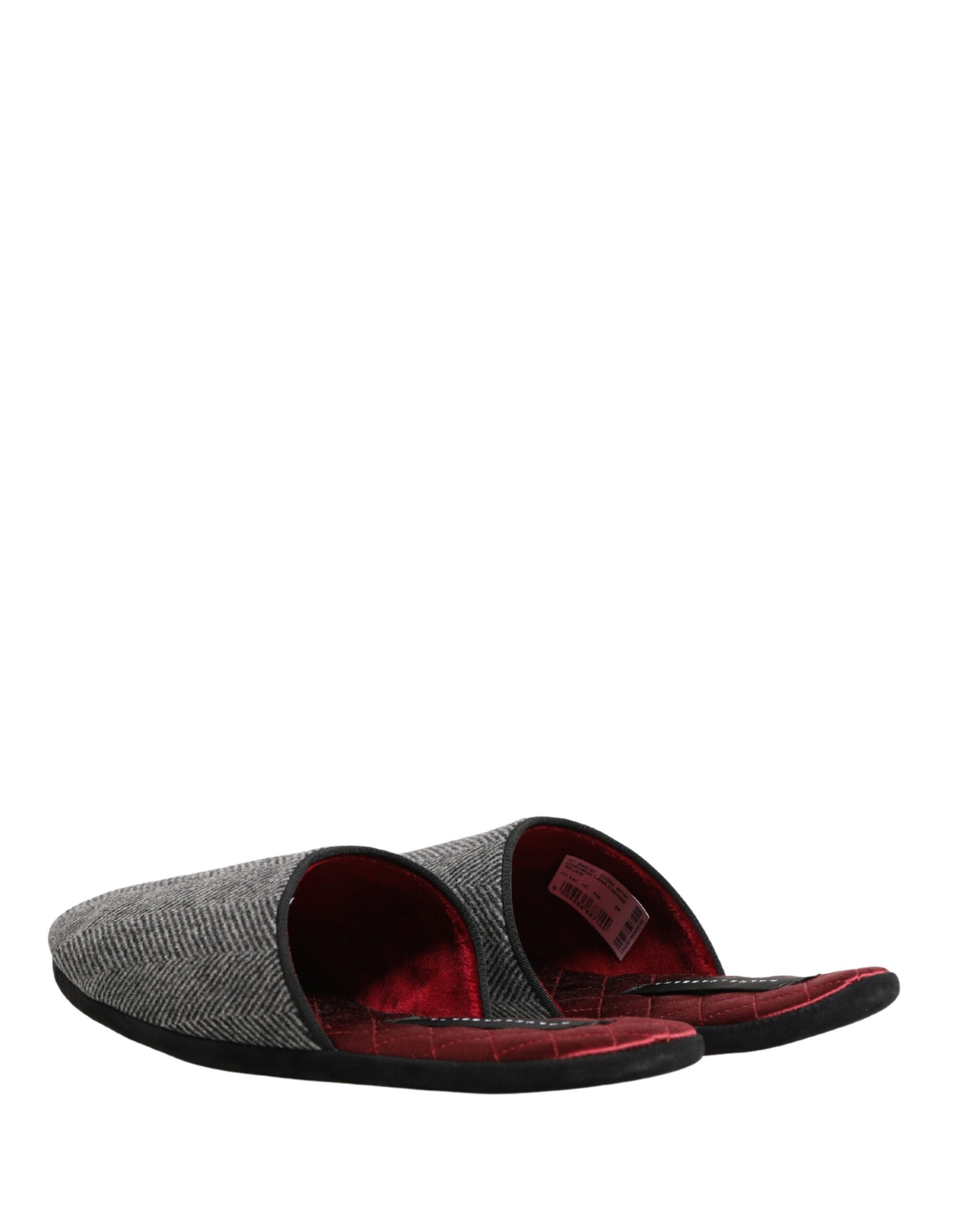 Grey Herringbone Cashmere Red Slippers Shoes - ventzia