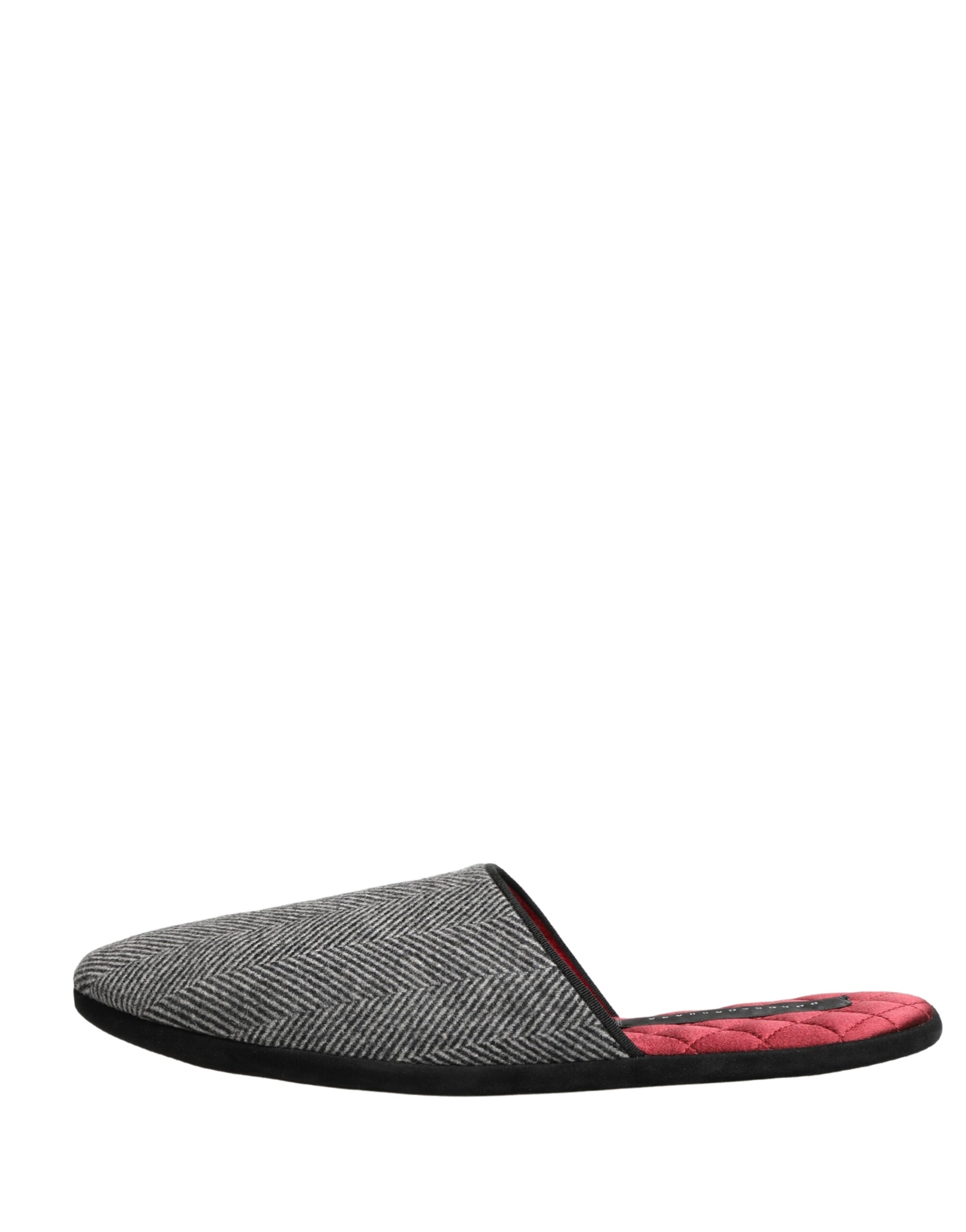 Grey Herringbone Cashmere Red Slippers Shoes - ventzia
