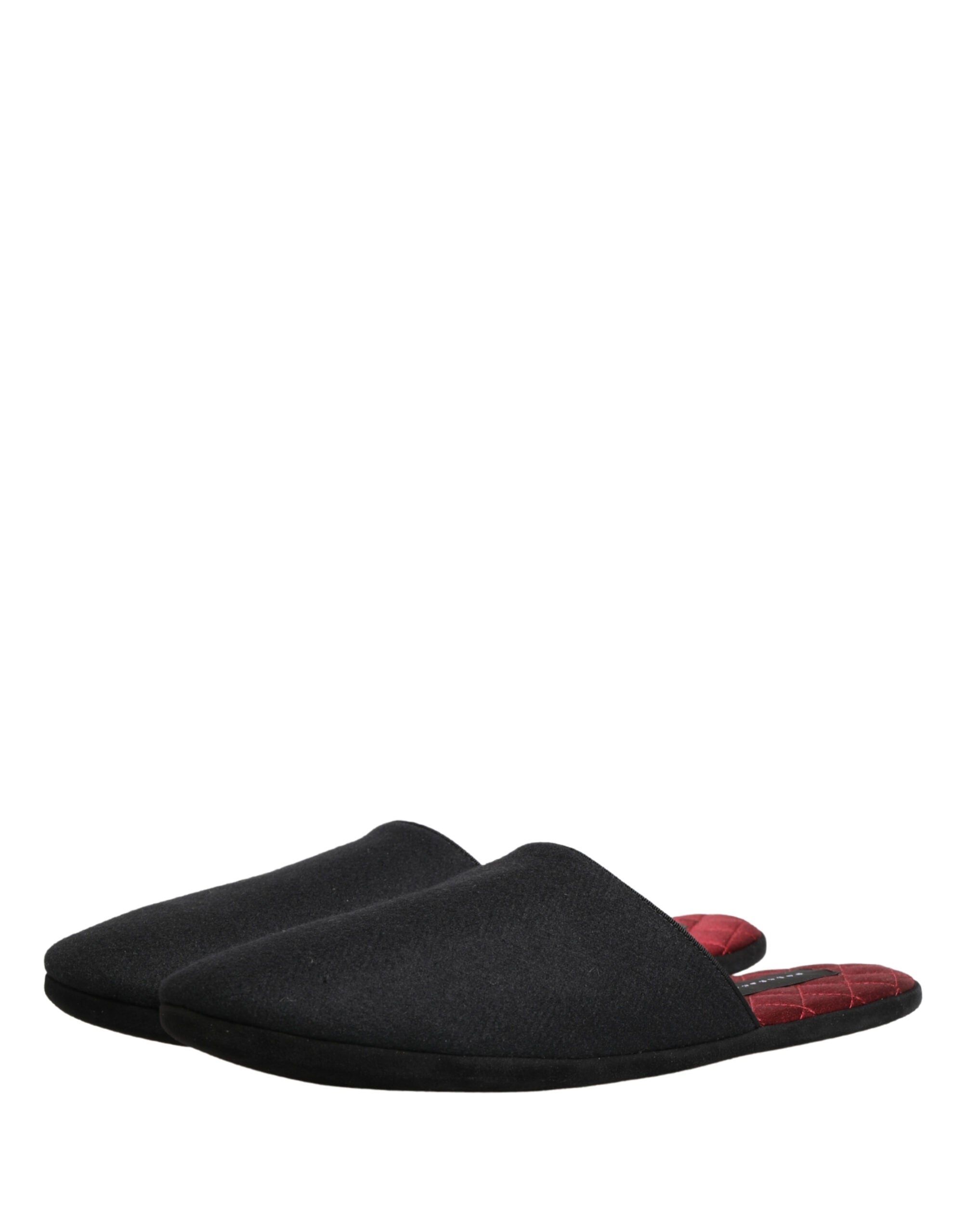 Black Wool Cashmere Red Quilted Slippers Shoes - ventzia