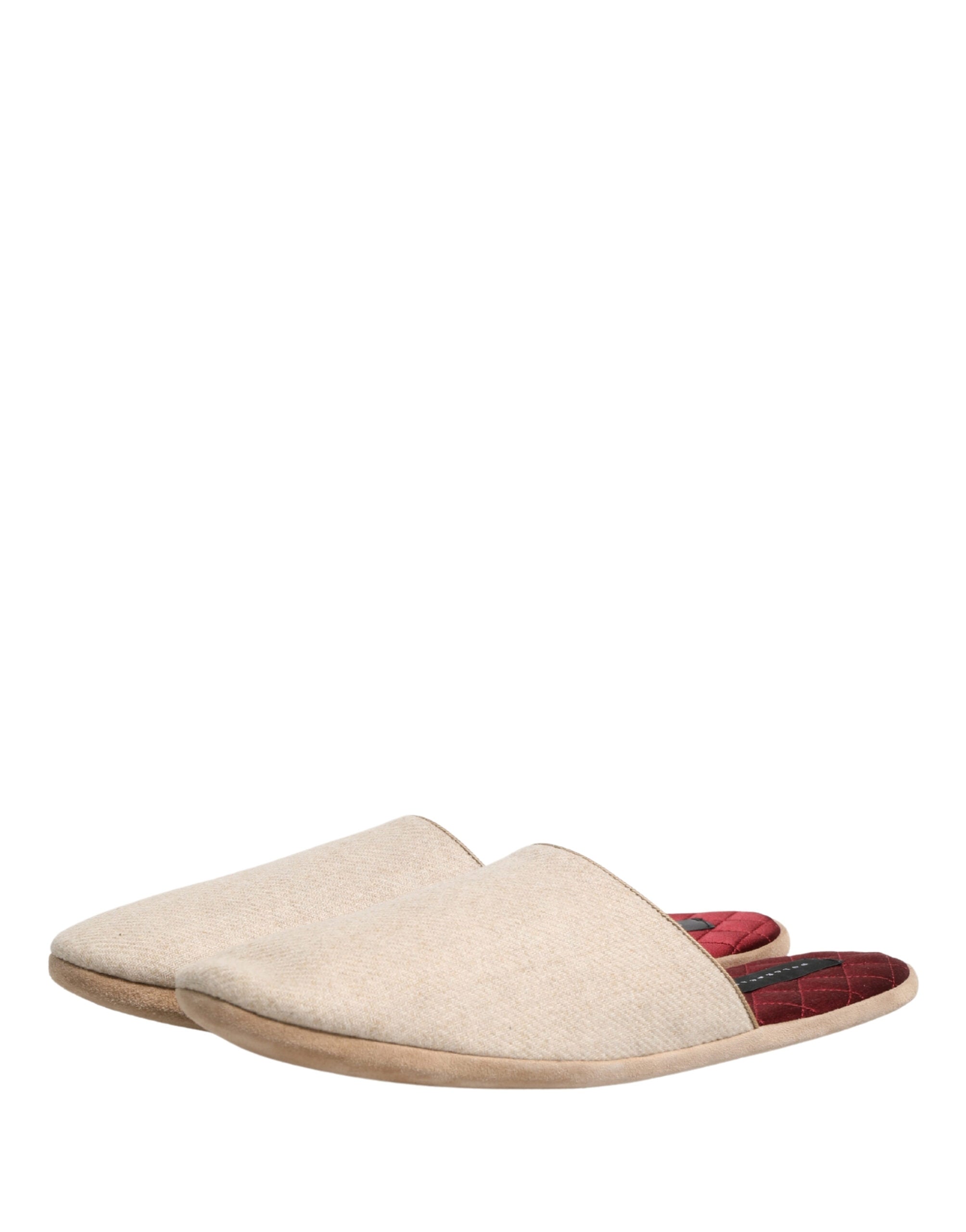 Beige Shetland Wool Red Quilted Slippers Shoes - ventzia