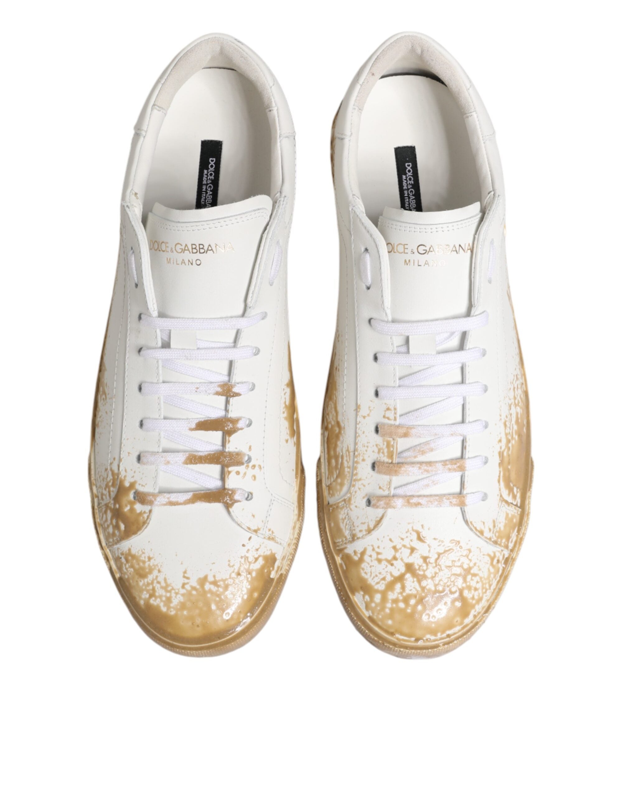 White Leather Paint Effect Low Top Sneakers Shoes - ventzia