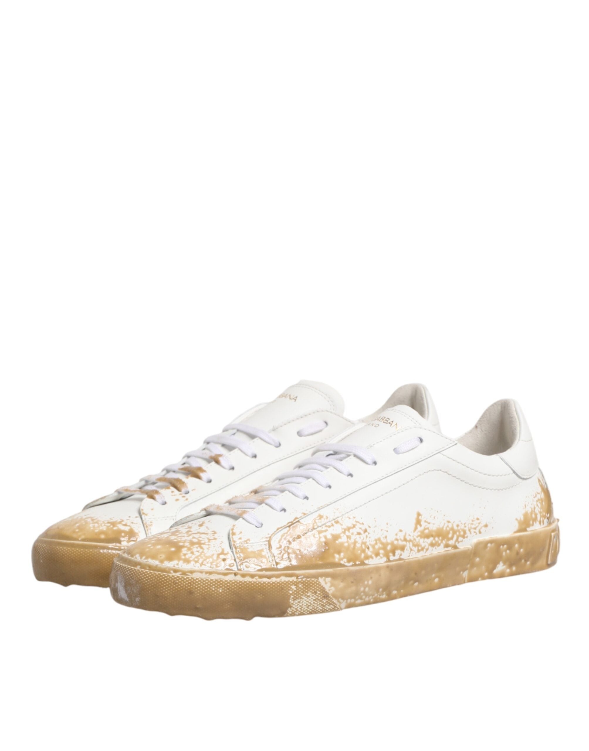 White Leather Paint Effect Low Top Sneakers Shoes - ventzia