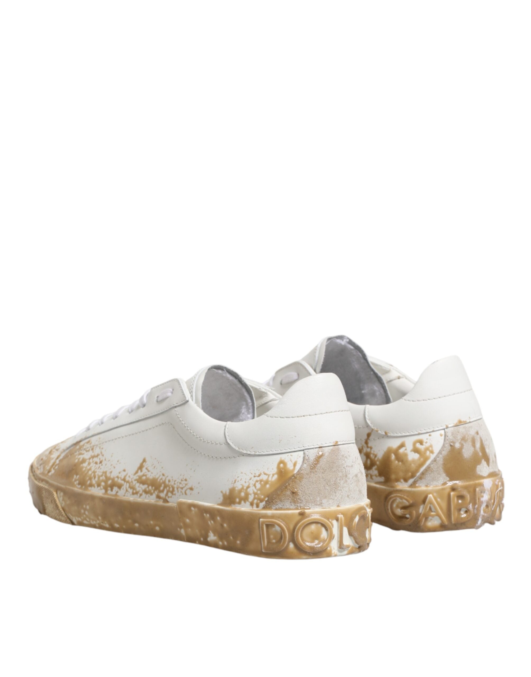 White Leather Paint Effect Low Top Sneakers Shoes - ventzia