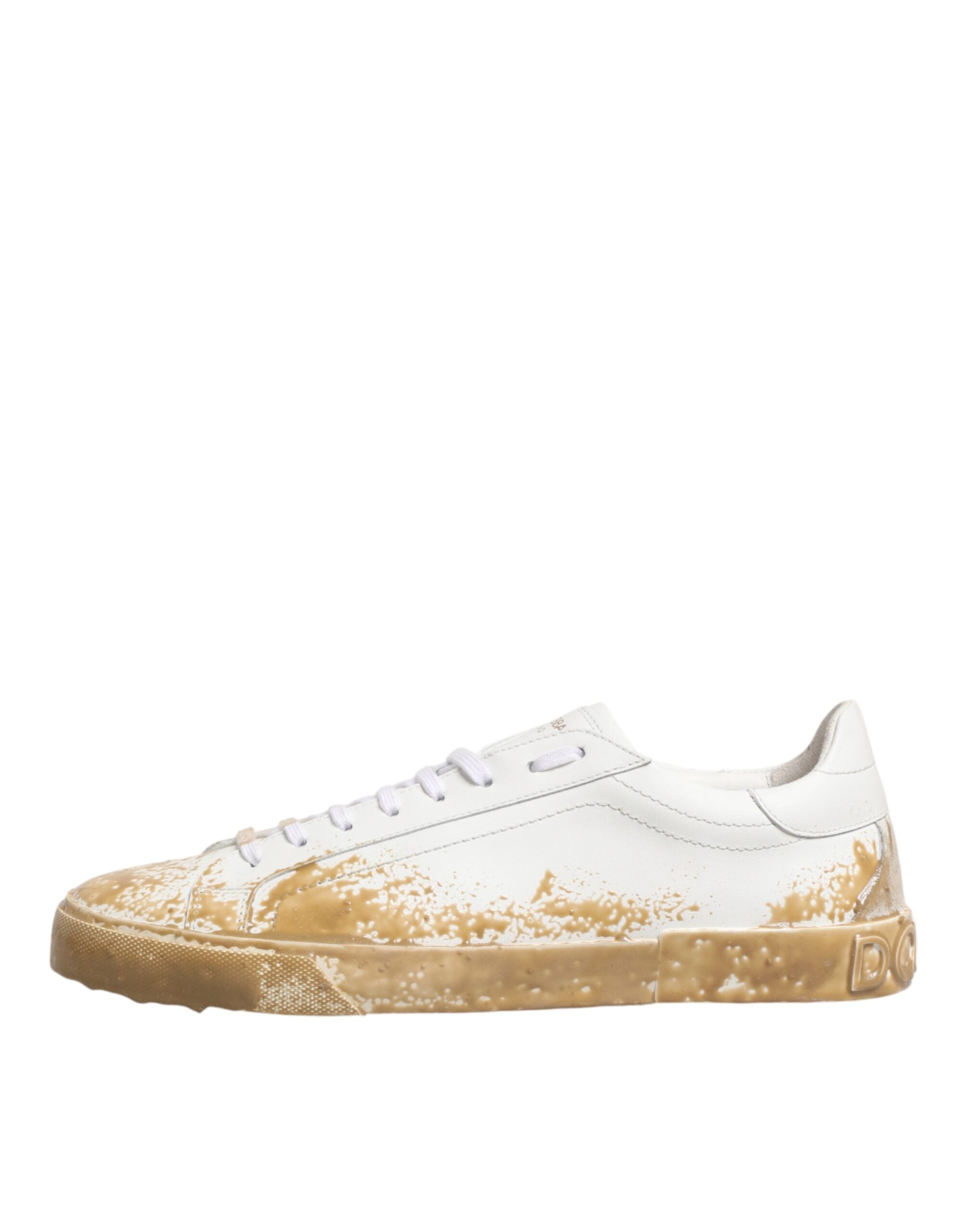 White Leather Paint Effect Low Top Sneakers Shoes - ventzia