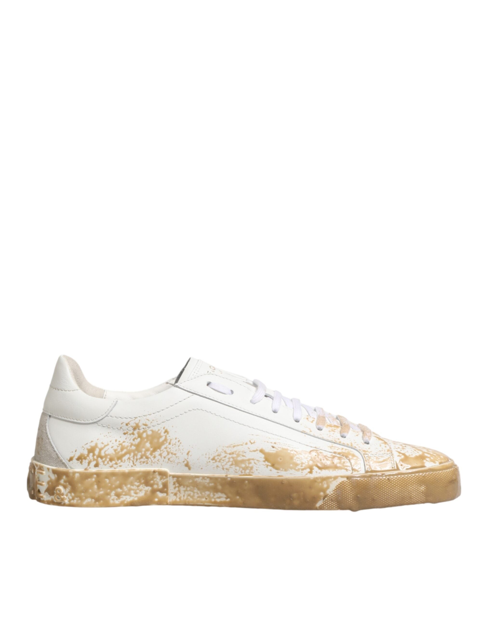 White Leather Paint Effect Low Top Sneakers Shoes - ventzia